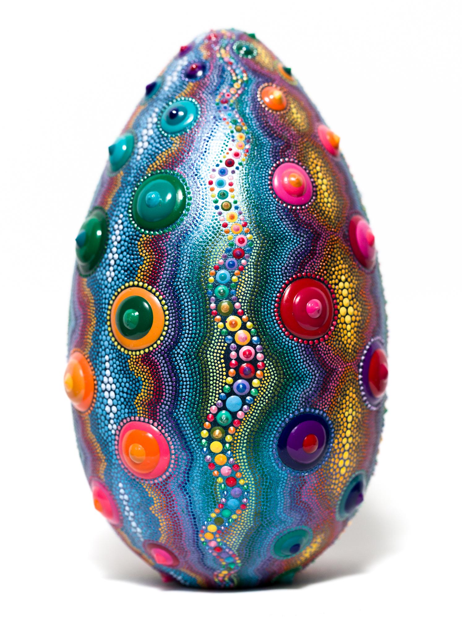PJ Linden Abstract Sculpture - "Candy Urchin Egg", Egg Motif, Patterns, Bright colors, texture, dimensional