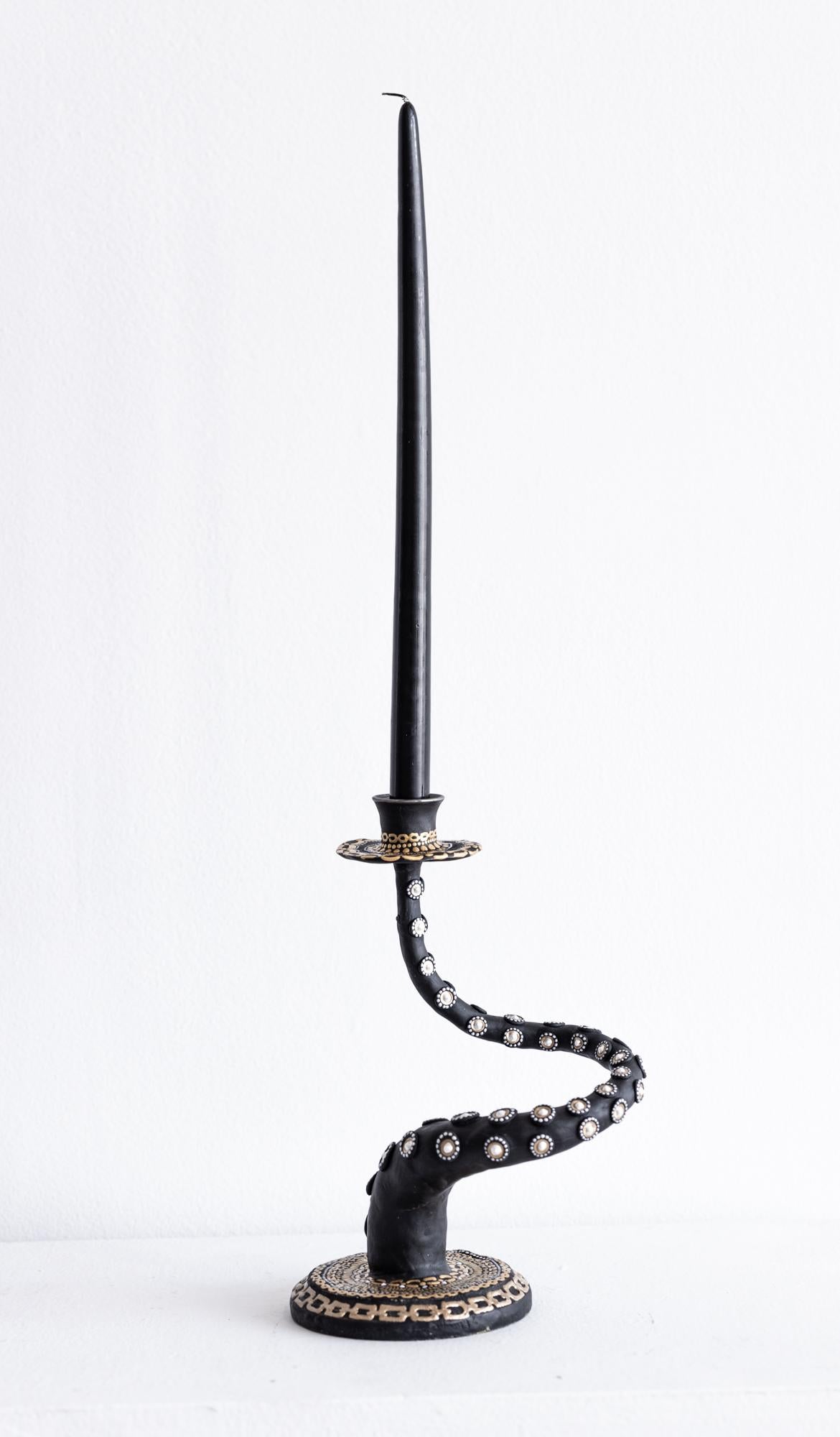 "Chanel Tentacle Candelabra" Dimensional paint, epoxy clay, lamp parts - Sculpture by PJ Linden
