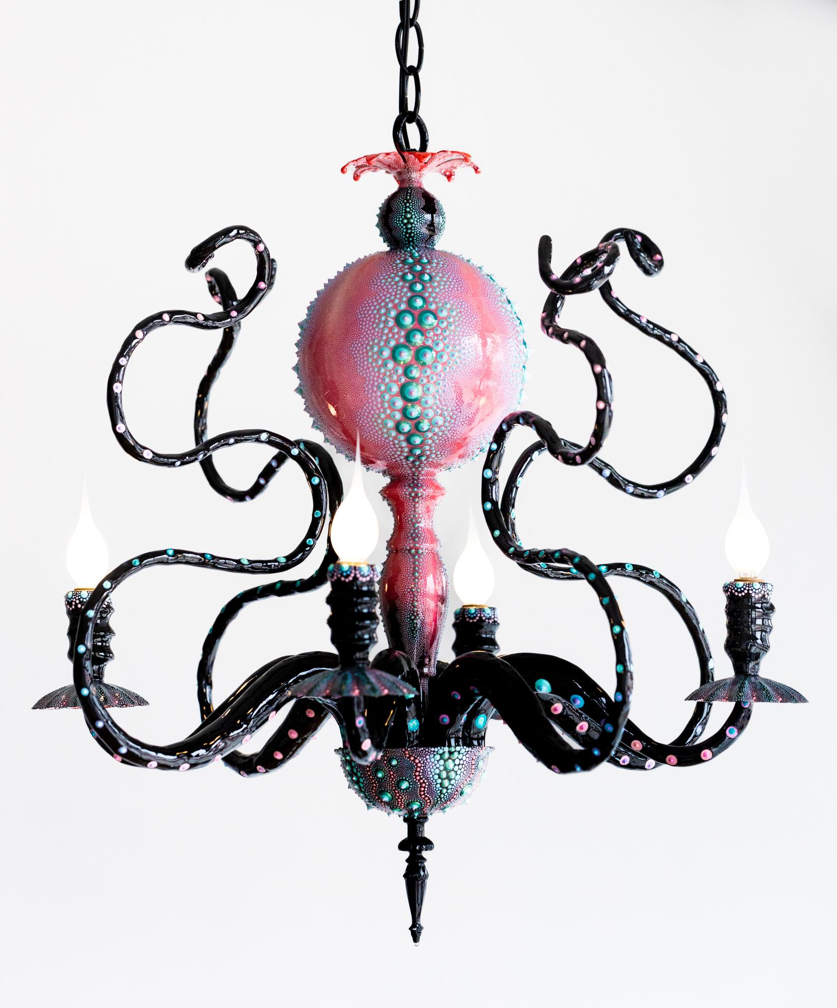 "Cotton Candy Octopus Chandelier" Dimensional paint on custom chandelier - Mixed Media Art by PJ Linden