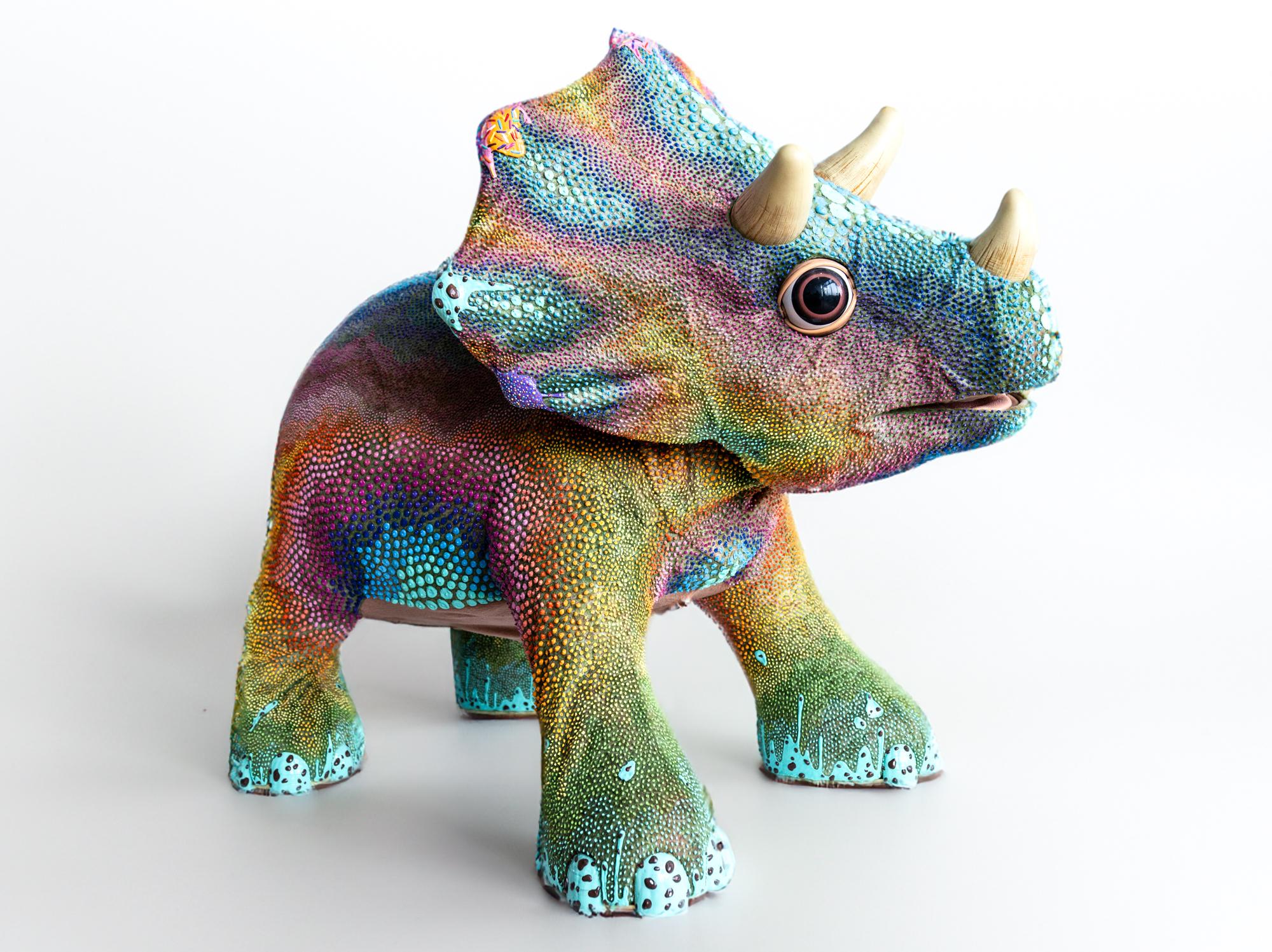 "Sundae Dino" Dimensional paint on animatronic Playskool Dinosaur - Sculpture by PJ Linden