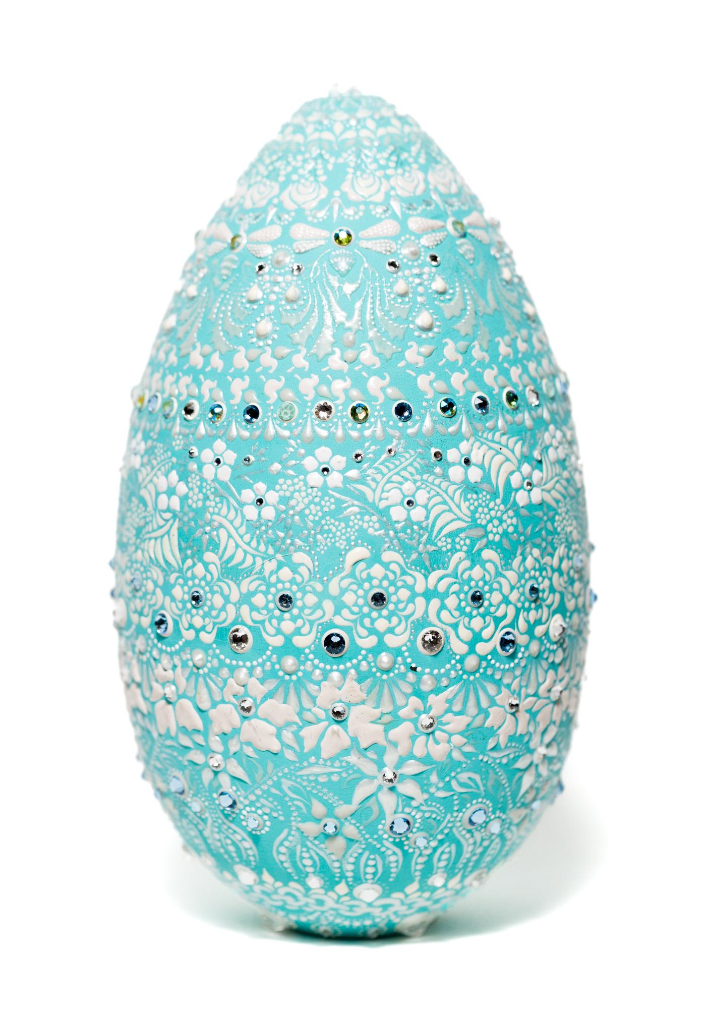 PJ Linden Still-Life Sculpture - "Tiffegg", Egg Motif, Lacework, Crystals, Designer, Branding, Luxury, Dimension