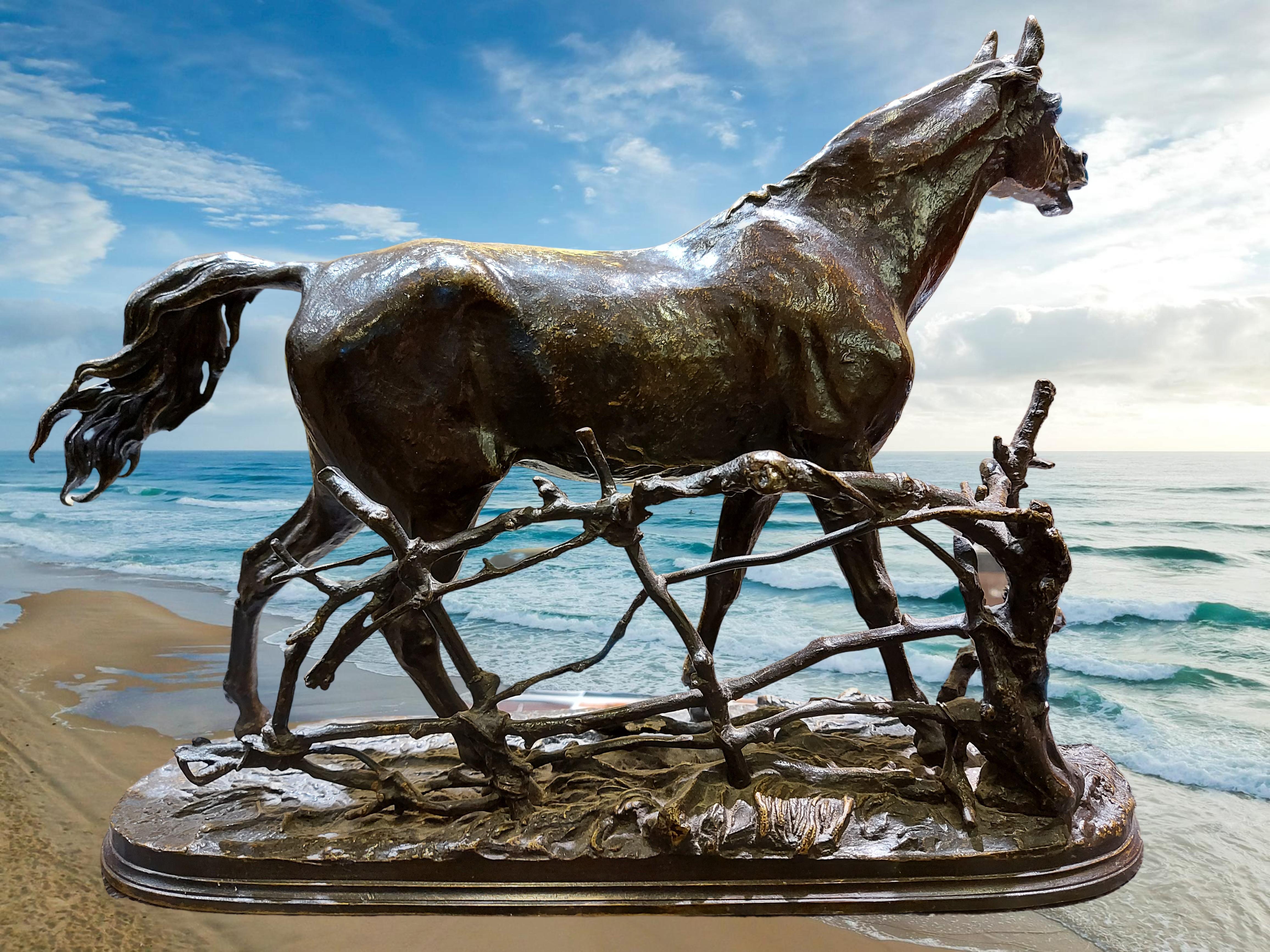 This detail-oriented cast of the French late 19th century equestrian statue represents a horse in nature with a natural wooden fence entitled “Djinn, Etalon Barbe by the well-known French sculptor Pierre-Jules Mêne (1810-1879). Signed (on base) for