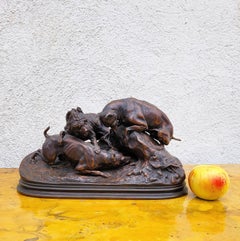 Pj Mêne, chasse au lapin, bronze signé, 19e siècle