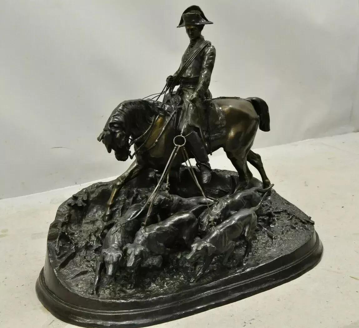 P.J. Mene The Hunt Scene Large Bronze Sculpture Pierre Jules Statue Horse Dogs en venta 4