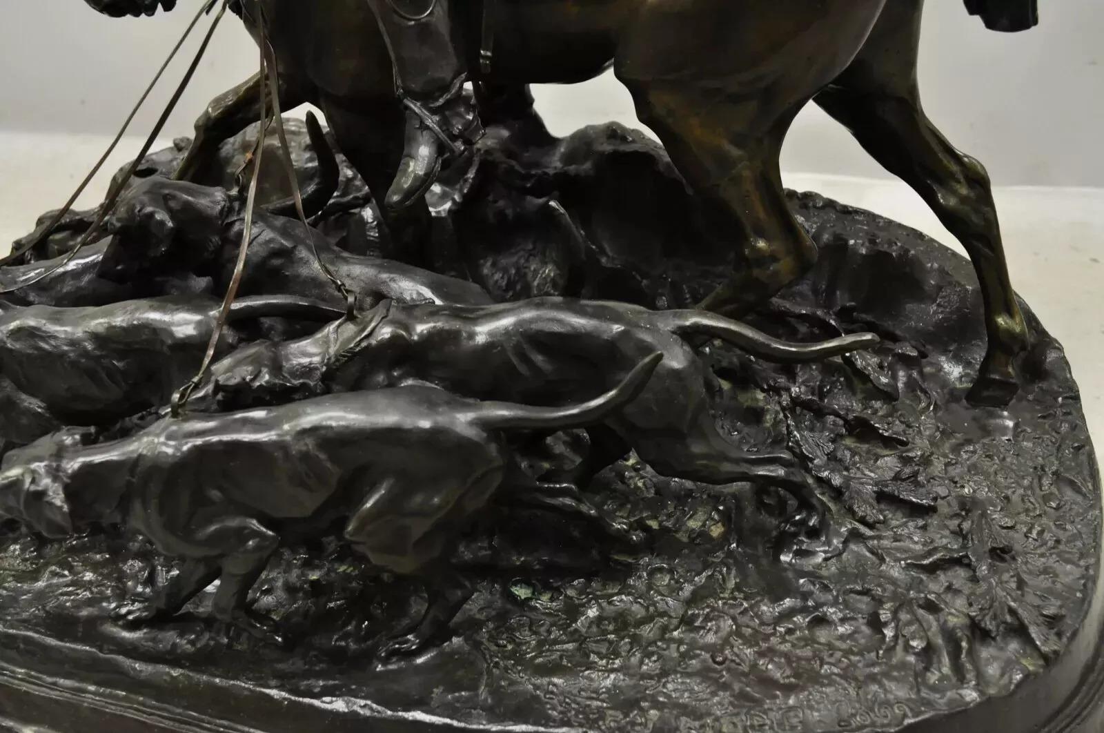 P.J. Mene The Hunt Scene Large Bronze Sculpture Pierre Jules Statue Horse Dogs Bronce en venta