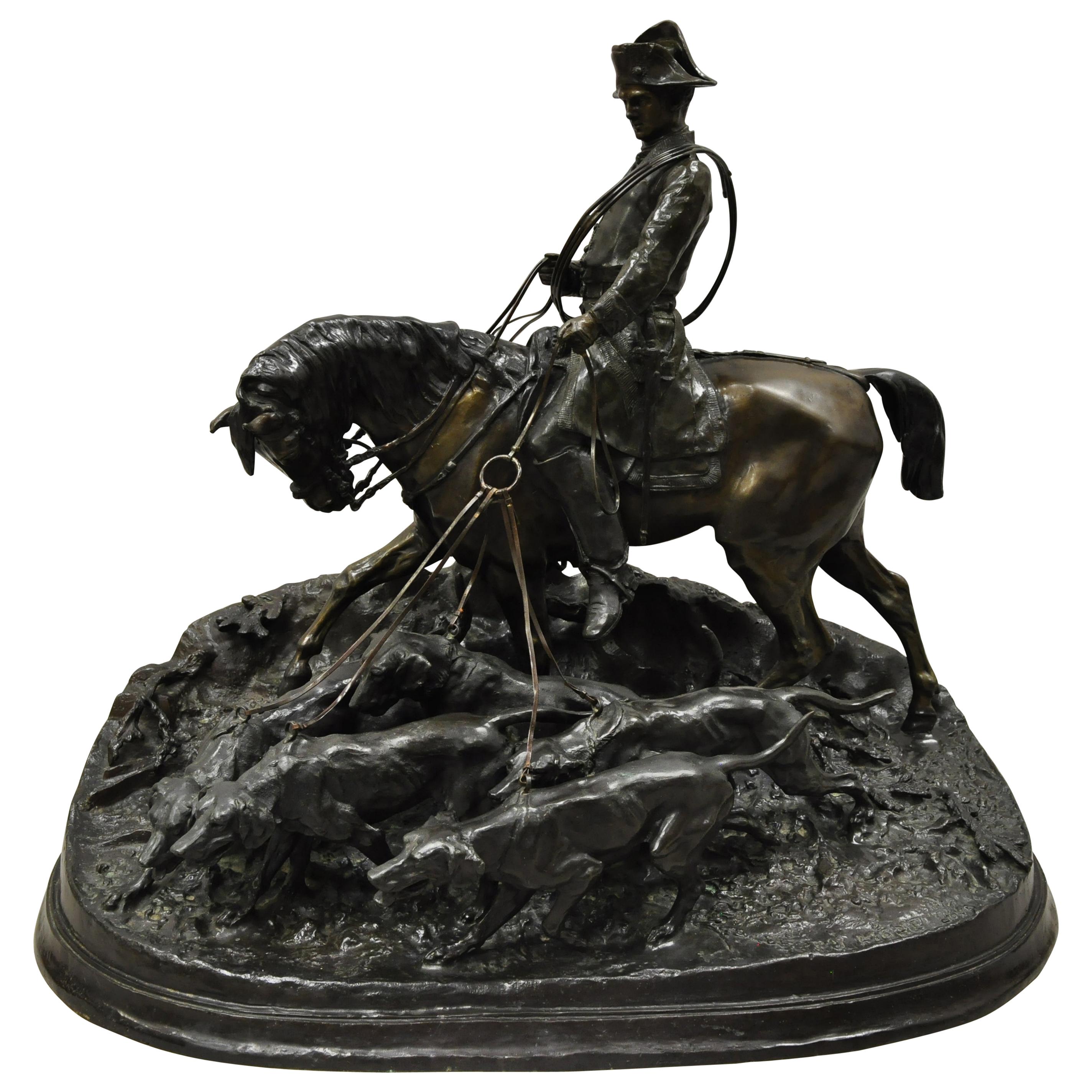 P.J. Mene la scène de chasse Grande sculpture en bronze Pierre Jules Statue chevaux chiens en vente