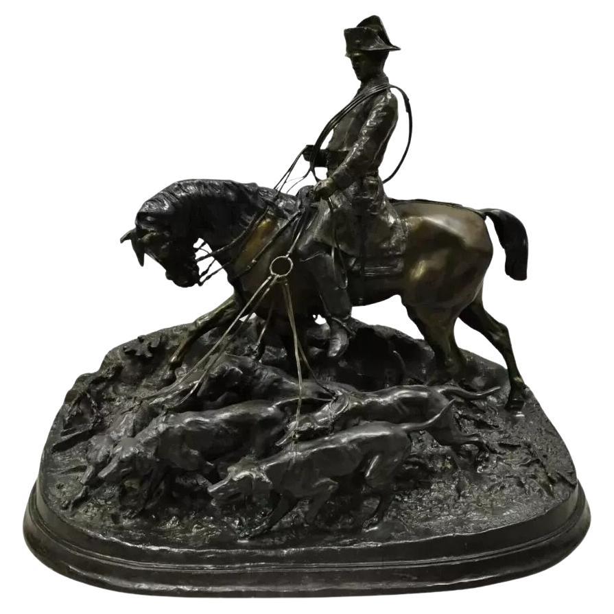 P.J. Mene The Hunt Scene Large Bronze Sculpture Pierre Jules Statue Horse Dogs