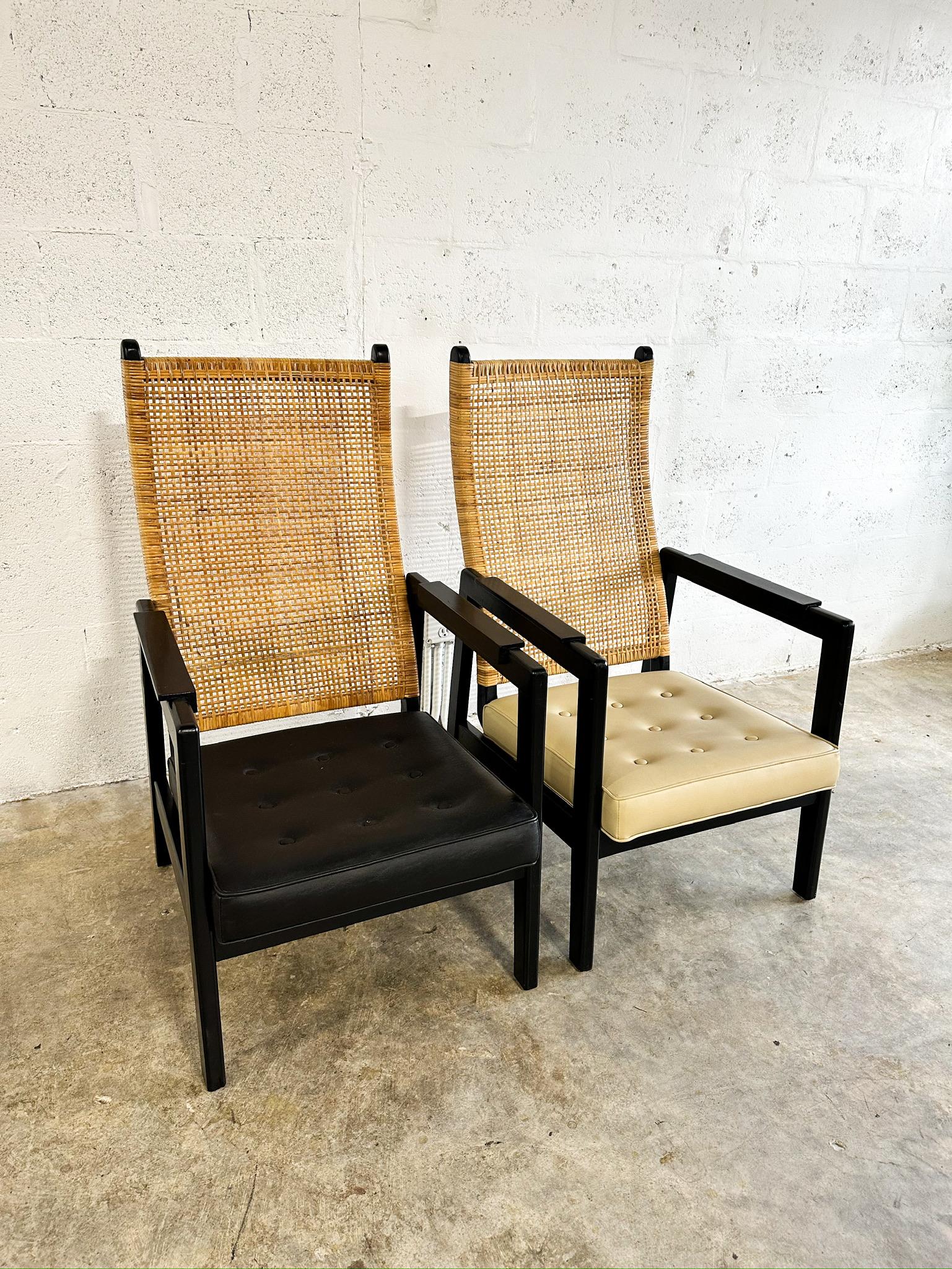 Scandinave moderne p.j. Muntendam for Jonkers Mid Century Wicker or Rattan Highback Lounge Chairs (Chaises longues en osier ou en rotin) en vente
