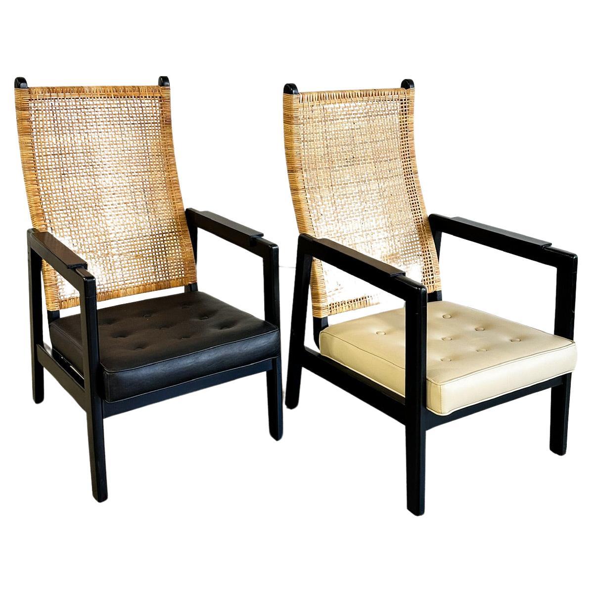 p.j. Muntendam for Jonkers Mid Century Wicker or Rattan Highback Lounge Chairs (Chaises longues en osier ou en rotin)