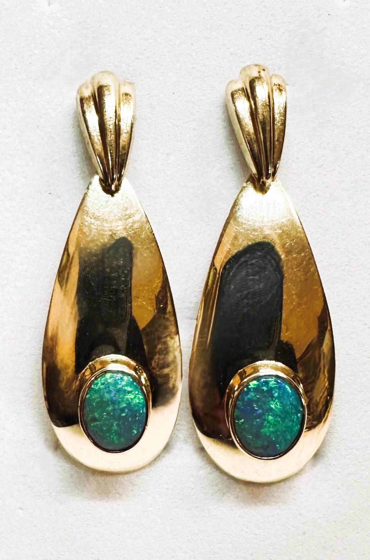 PJ Rosen 14k Yellow Gold 2 Carat Opal Teardrop Earrings - Artist Stamped In Excellent Condition In Eagan, MN