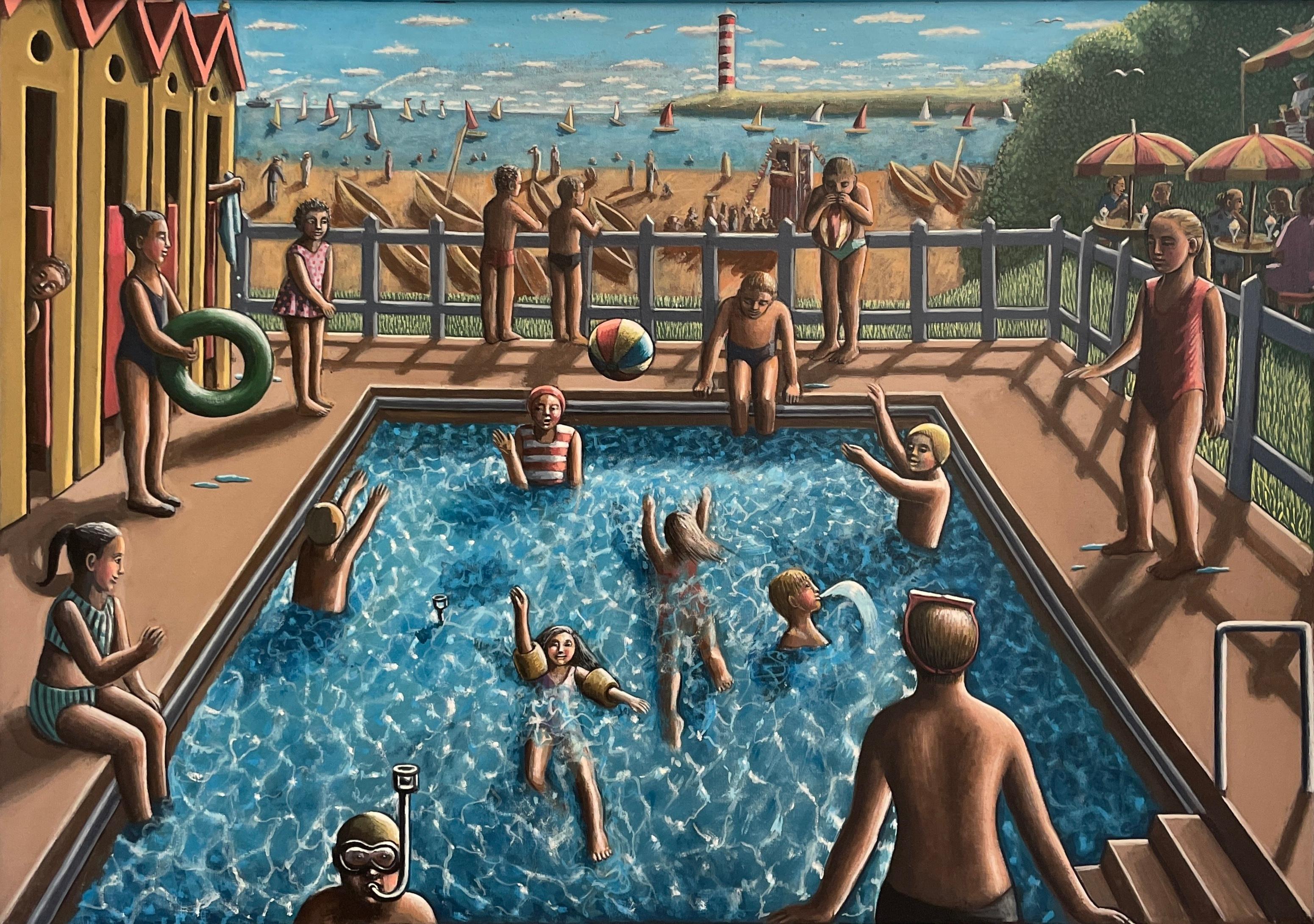 Acrylic on Canvas Signed P.J. Crook 'The swimming Pool' 1989 - Painting by P.J.Crook