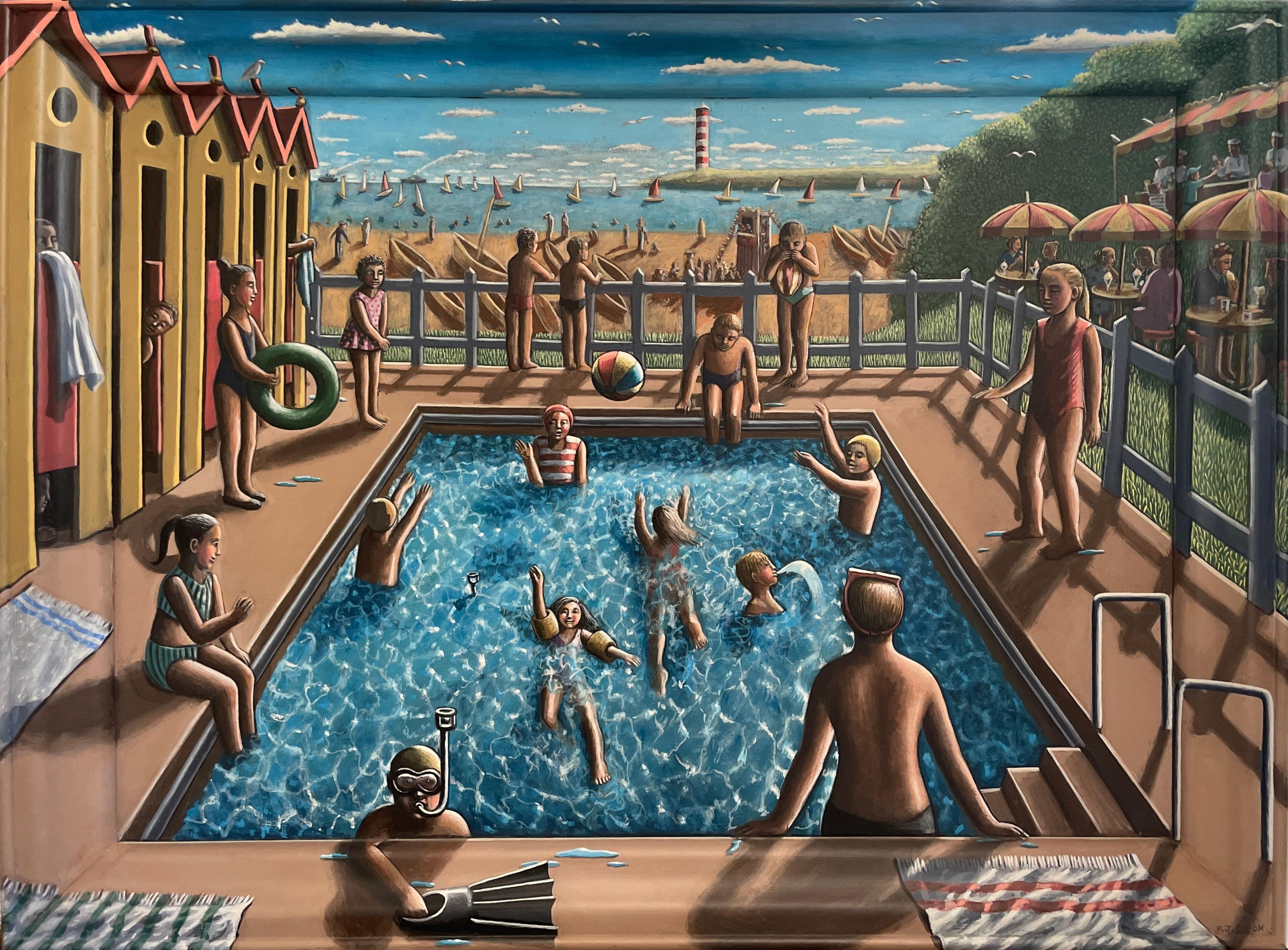 Acryl auf Leinwand Signiert P.J. Crook „Der Swimming Pool“ 1989