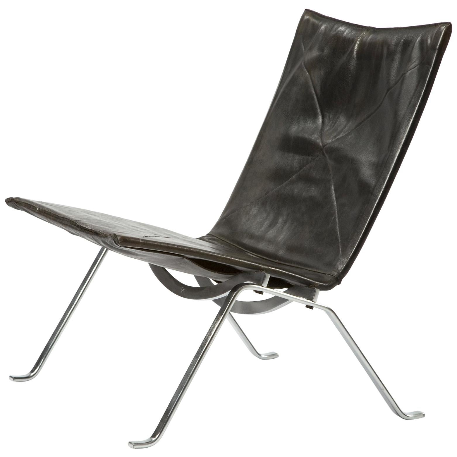 PK 22 Lounge Chair in Steel and Black Leather by Poul Kjaerholm, circa 1956
