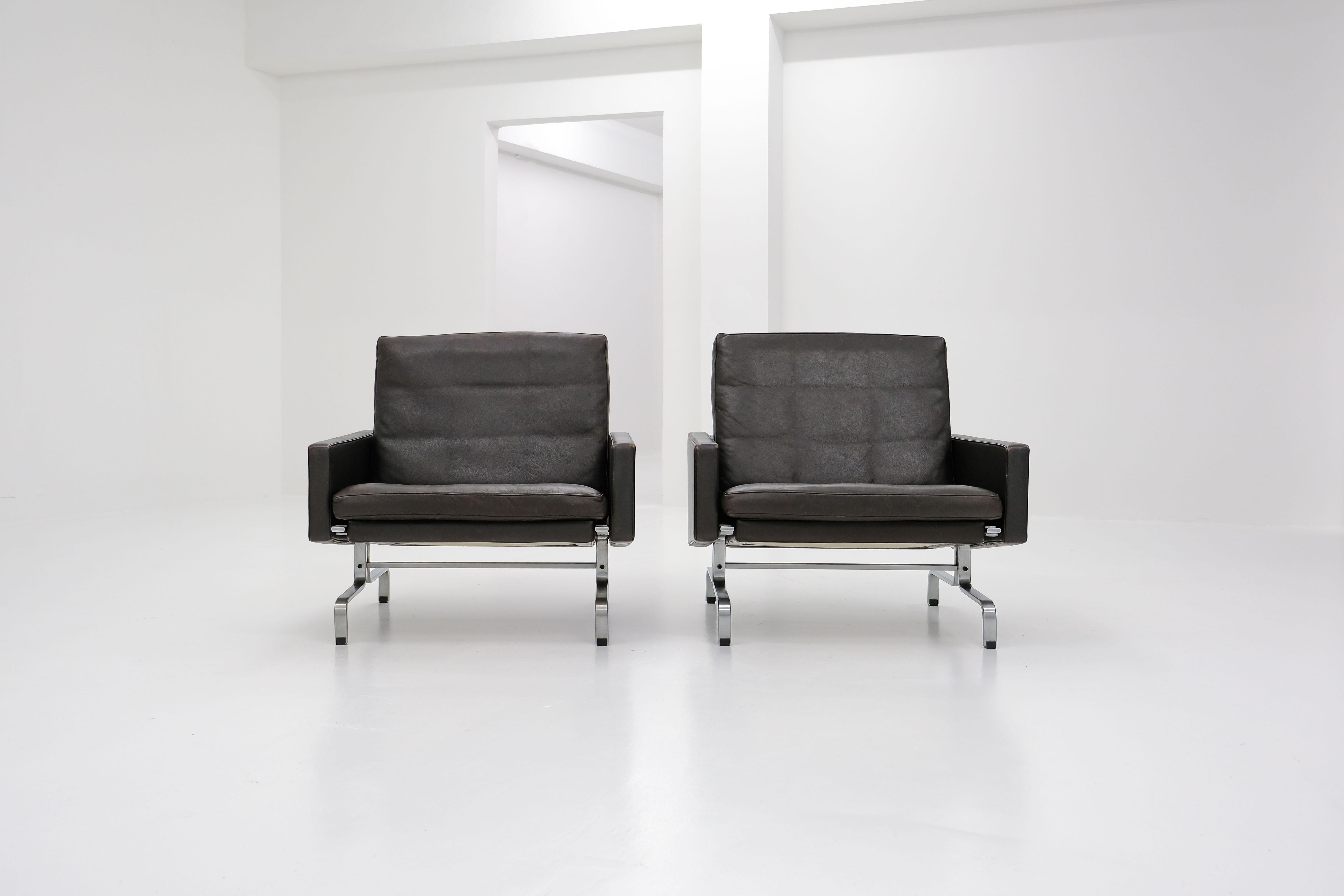 Steel Pk 31/3 Sofa + 2 Pk 31 Easy Chairs by Poul Kjaerholm, Dark Brown Leather