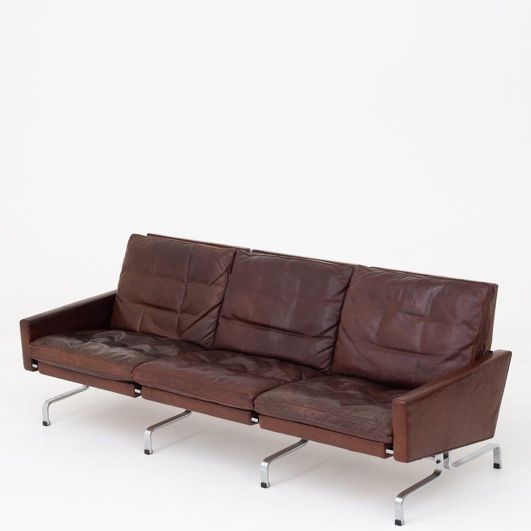 PK 31/3 - Early 3-seat sofa in brown, patinated aniline leather on matt chromed steel. Maker E. Kold Christensen.