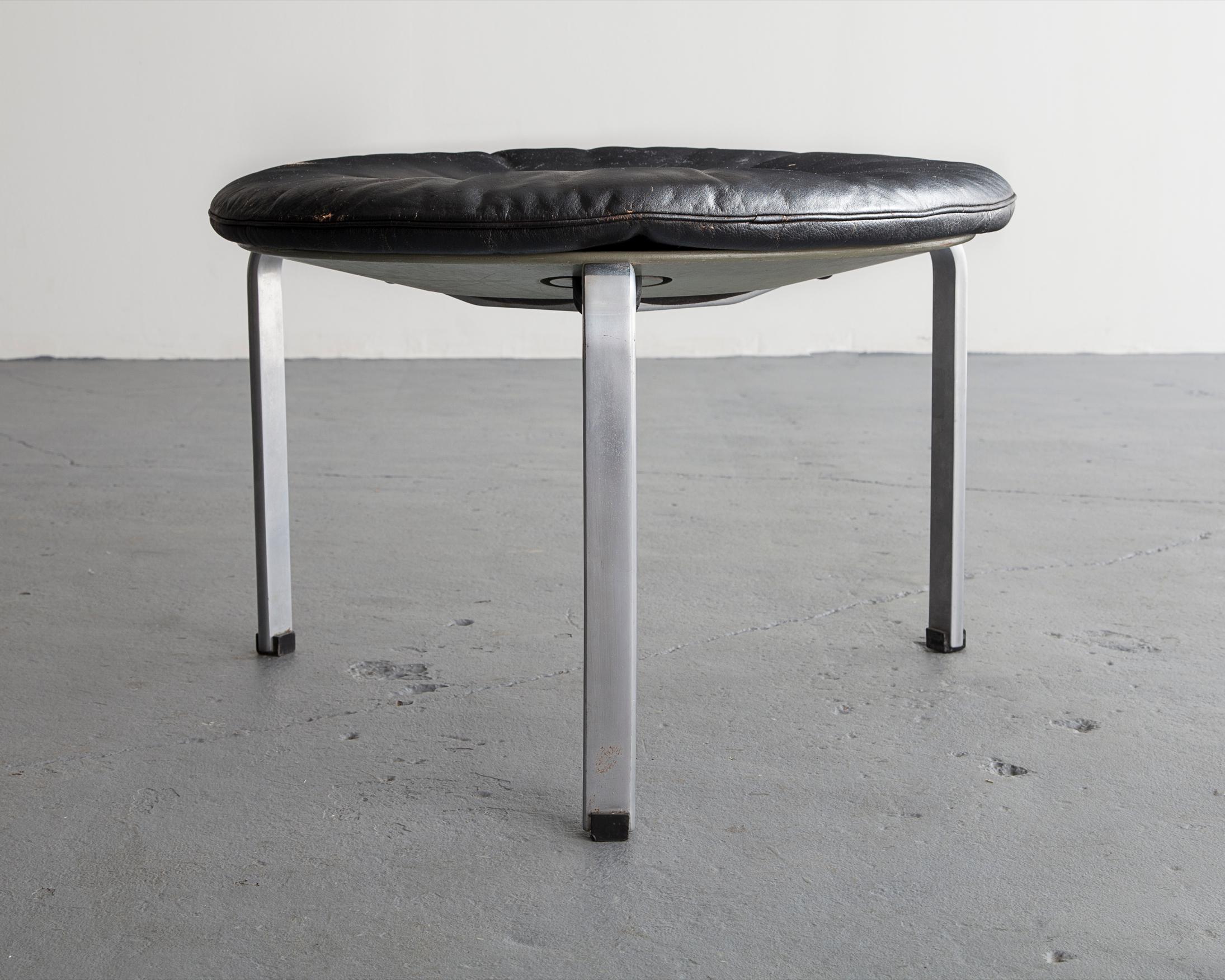 Oversize PK 33 stool with leather seat and steel frame. Designed by Poul Kjaerholm for E. Kold Christensen for Tarnby Town Hall, Denmark, circa 1959.
 
