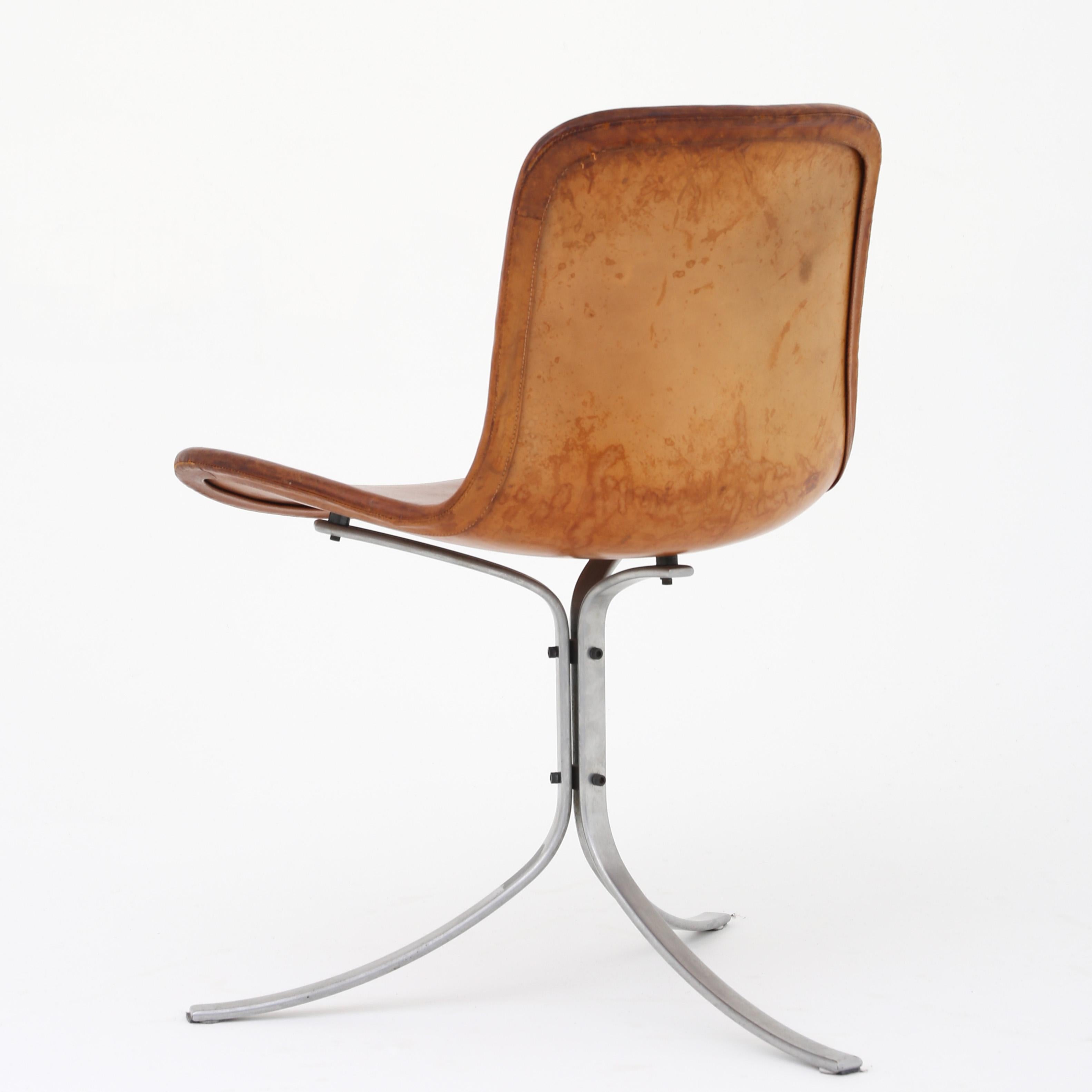 Poul Kjærholm PK 9 - 'Tulip' chair in patinated natural leather with steel frame. E. Kold Christensen.