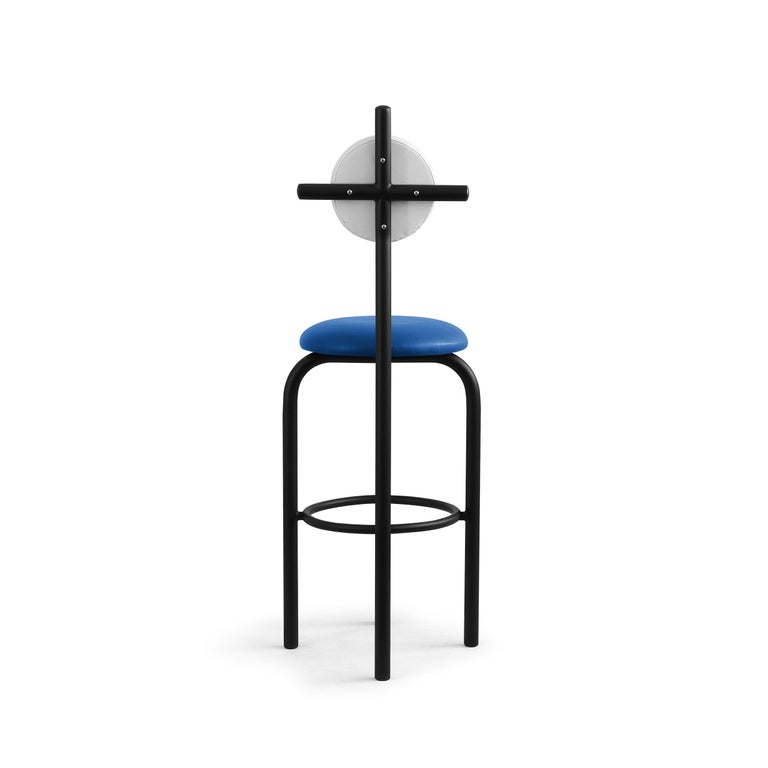 PK19 Outdoor Bar Stool, Blue Seat and Black Metal Structure by Paulo