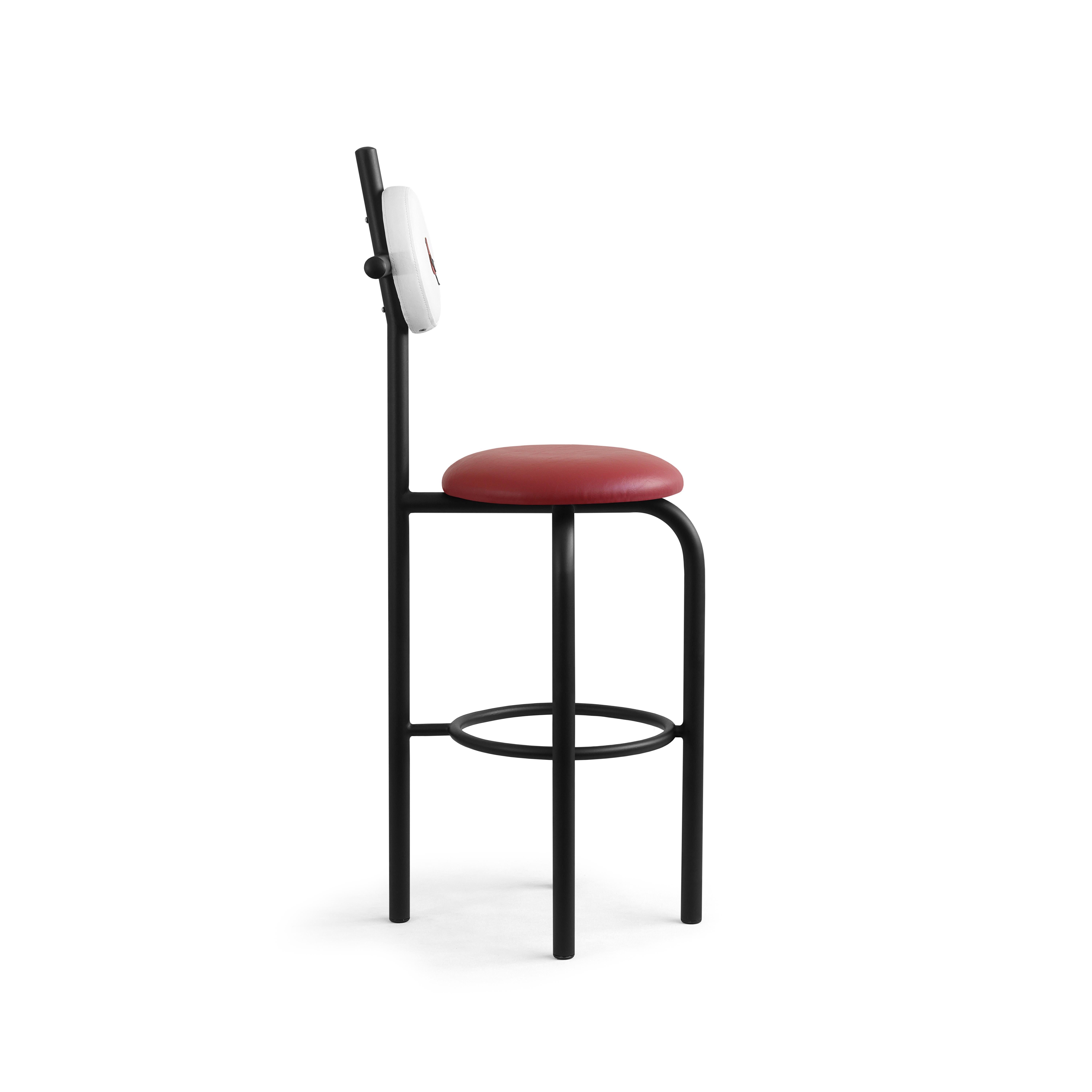 Appliqué PK19 Impermeable Bar Stool, Red Seat & Black Metal Structure by Paulo Kobylka For Sale