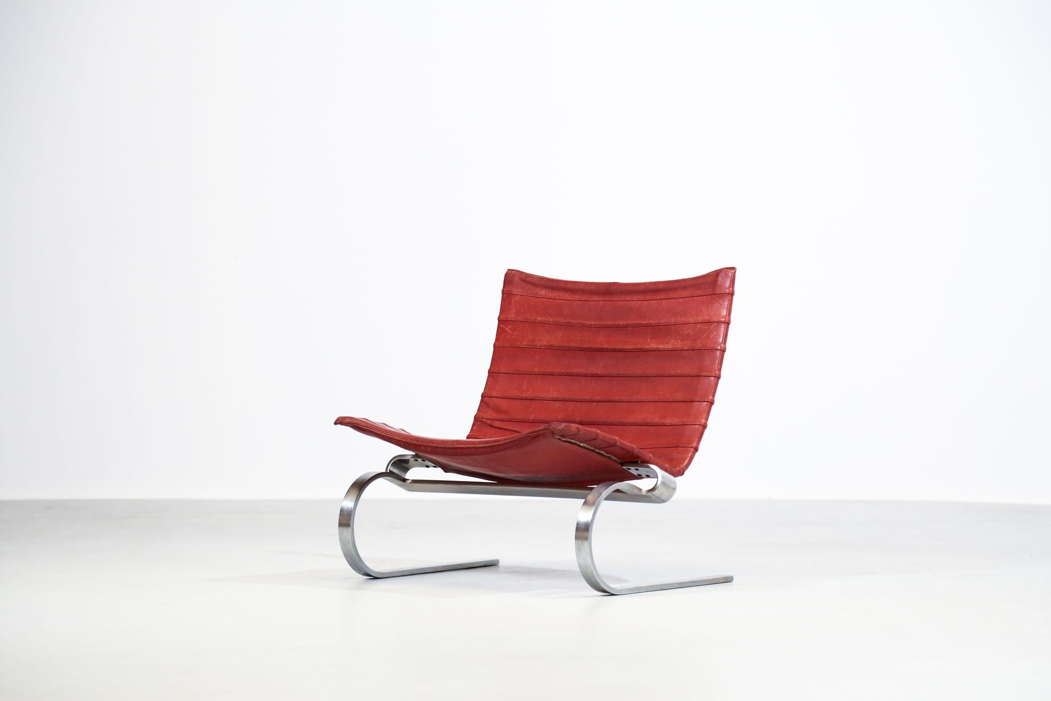 Rare early edition Danish lounge chair by Poul Kjaerholm for E. Kold Christensen.
Steel structure with leather seat.
Signed under the seat.
Model low back chair, very rare. 

 