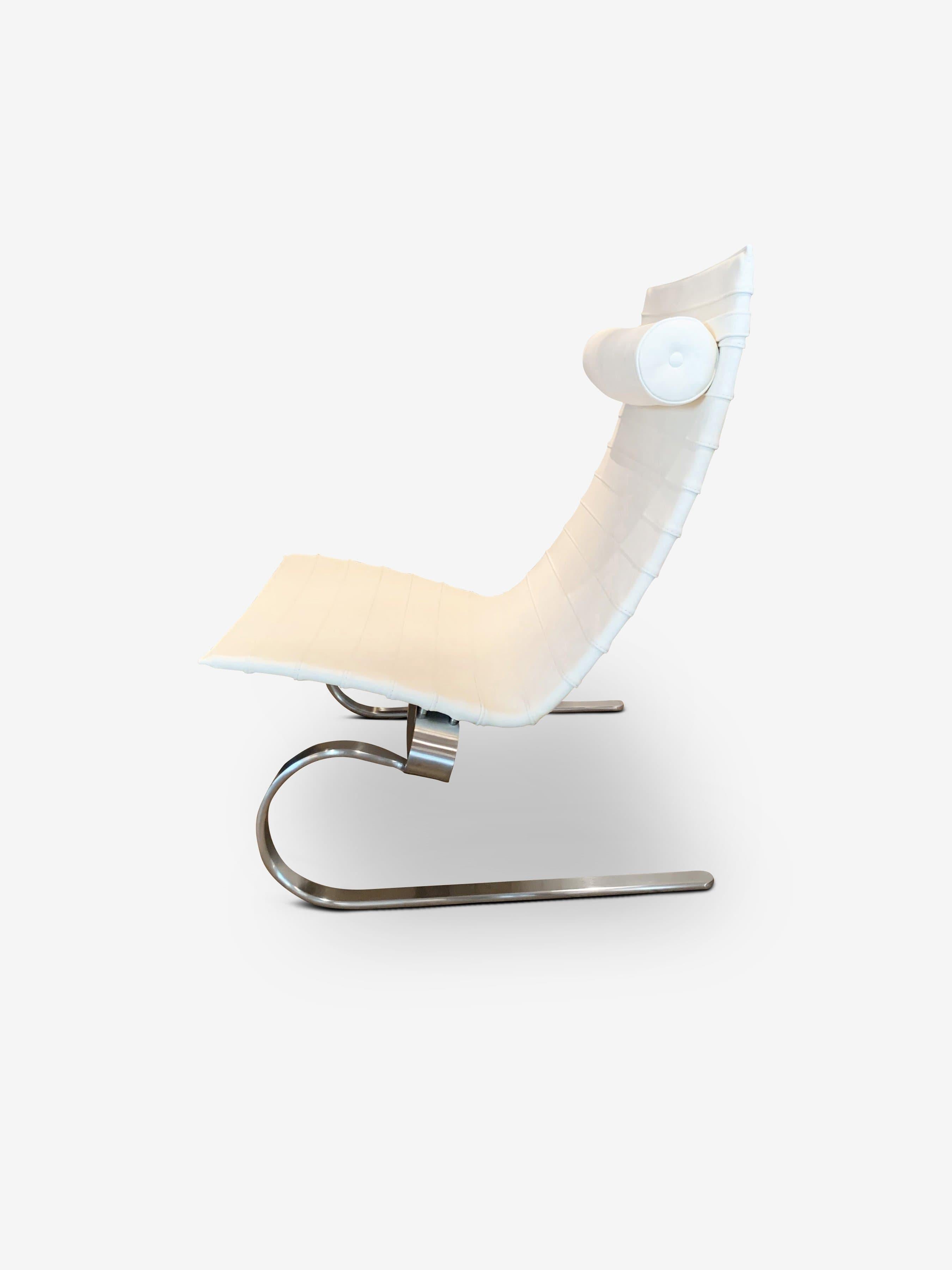 PK20 lounge chair by Poul Kjaerholm for Fritz Hansen in white leather is an elegant lounge and laidback chair built upon a flexible matt chromed spring steel frame.

With a love for minimalism, Danish designer Poul Kjaerholm designed his pieces
