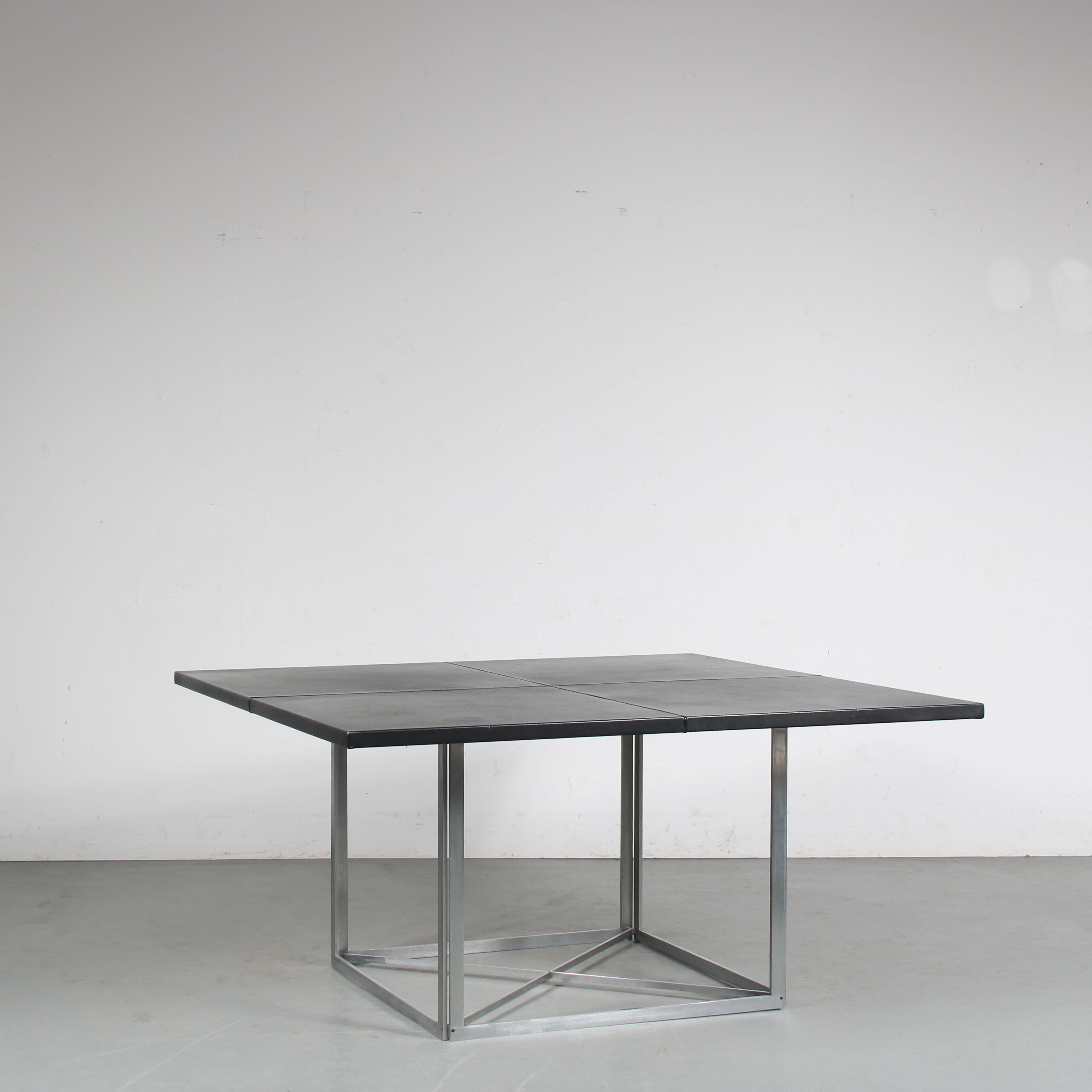 An eye-catching dining table, model PK40, designed by Poul Kjaerholm and manufactured by Fritz Hansen in Denmark around 1980.

This iconic and rare piece of mid-century Scandinavian design is made of high quality brushed steel, holding a square