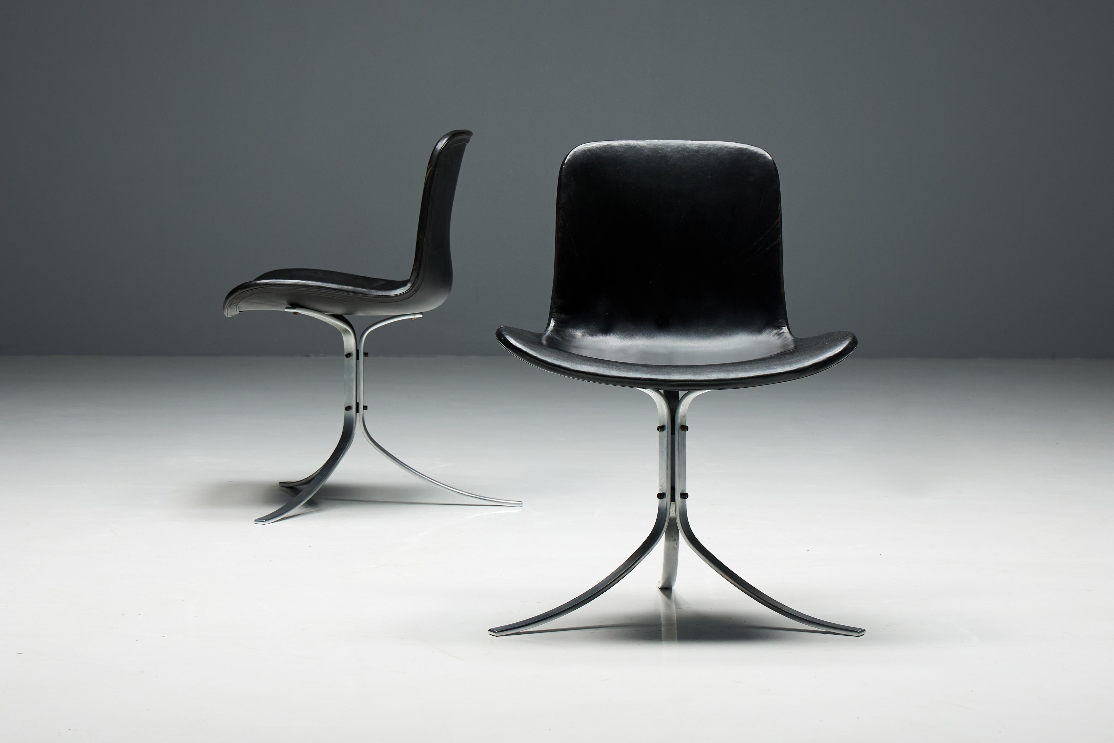 The PK9 chair, also known as the Tulip chair, designed by Poul Kjærholm and produced by E. Kold Christensen. Its distinctive silhouette, characterized by three impeccably crafted satin-brushed stainless steel springs that serve as columns, provides