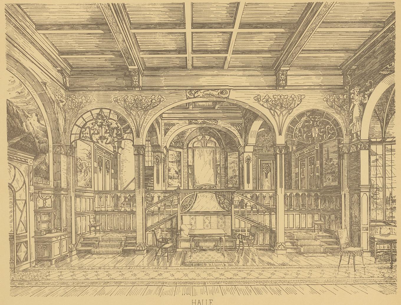 Antique print titled 'Halle'. Lithograph of a hall design. This print originates from 'Det Moderna Hemmet' by Johannes Kramer. Published by Ferdinand Hey'l, circa 1910.