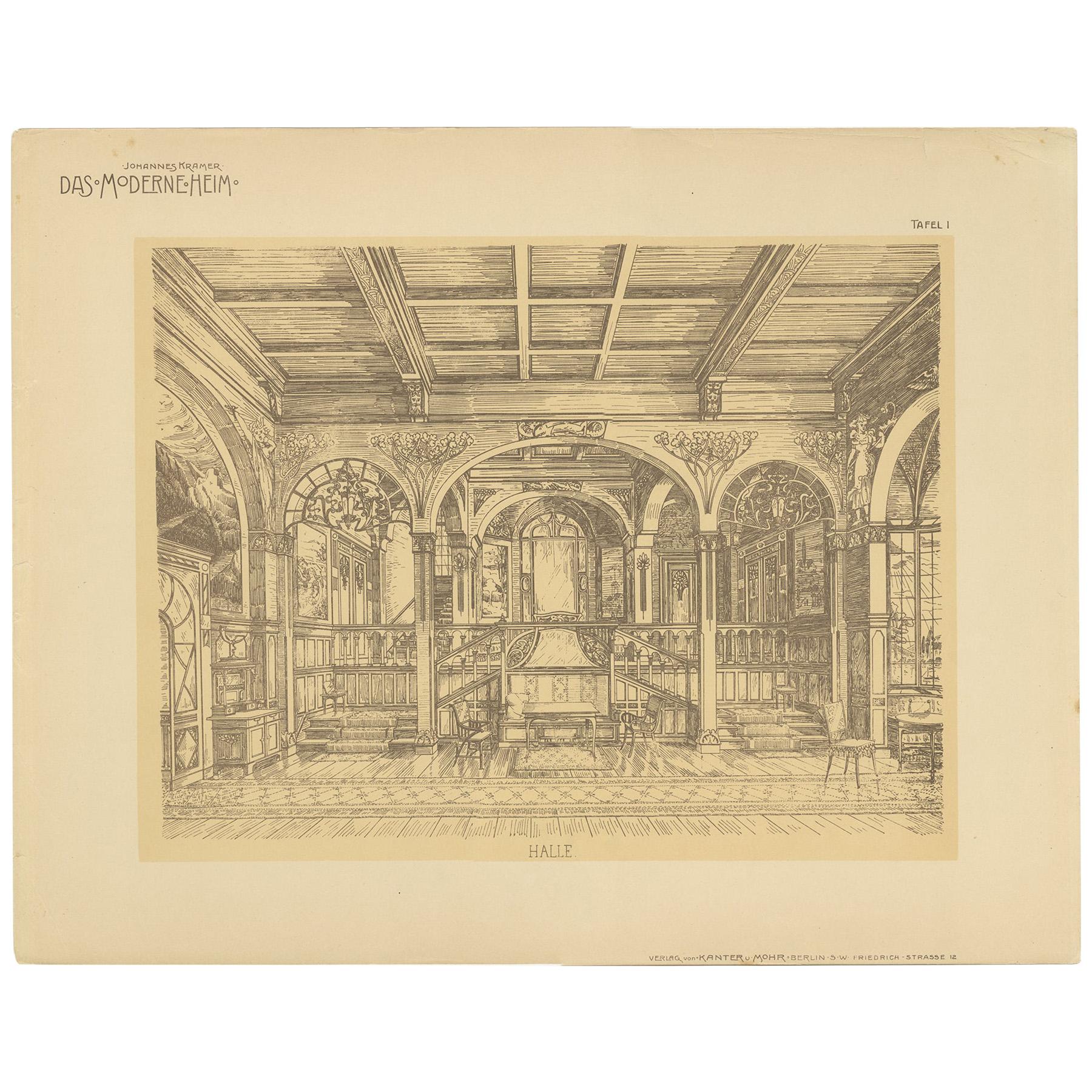 Pl. 1 Antique Print of a Hall Design by Kramer 'circa 1910' For Sale