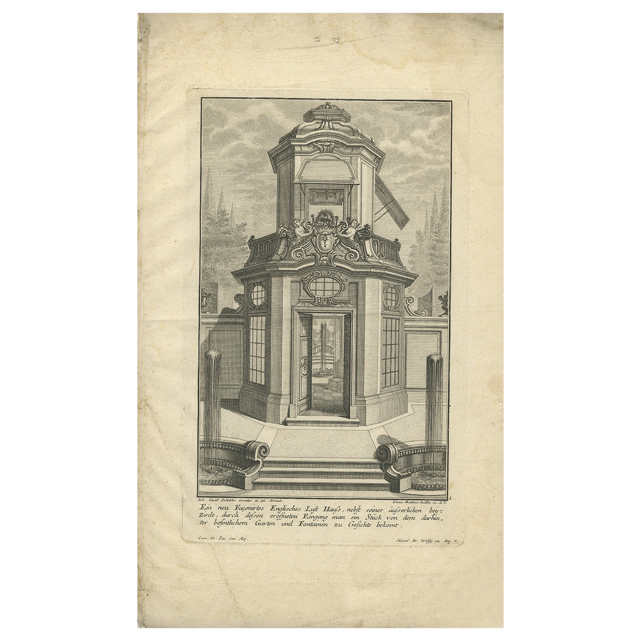 Pl. 1 Gravure ancienne d'un Pavilion Antiques par Schübler, c.1724