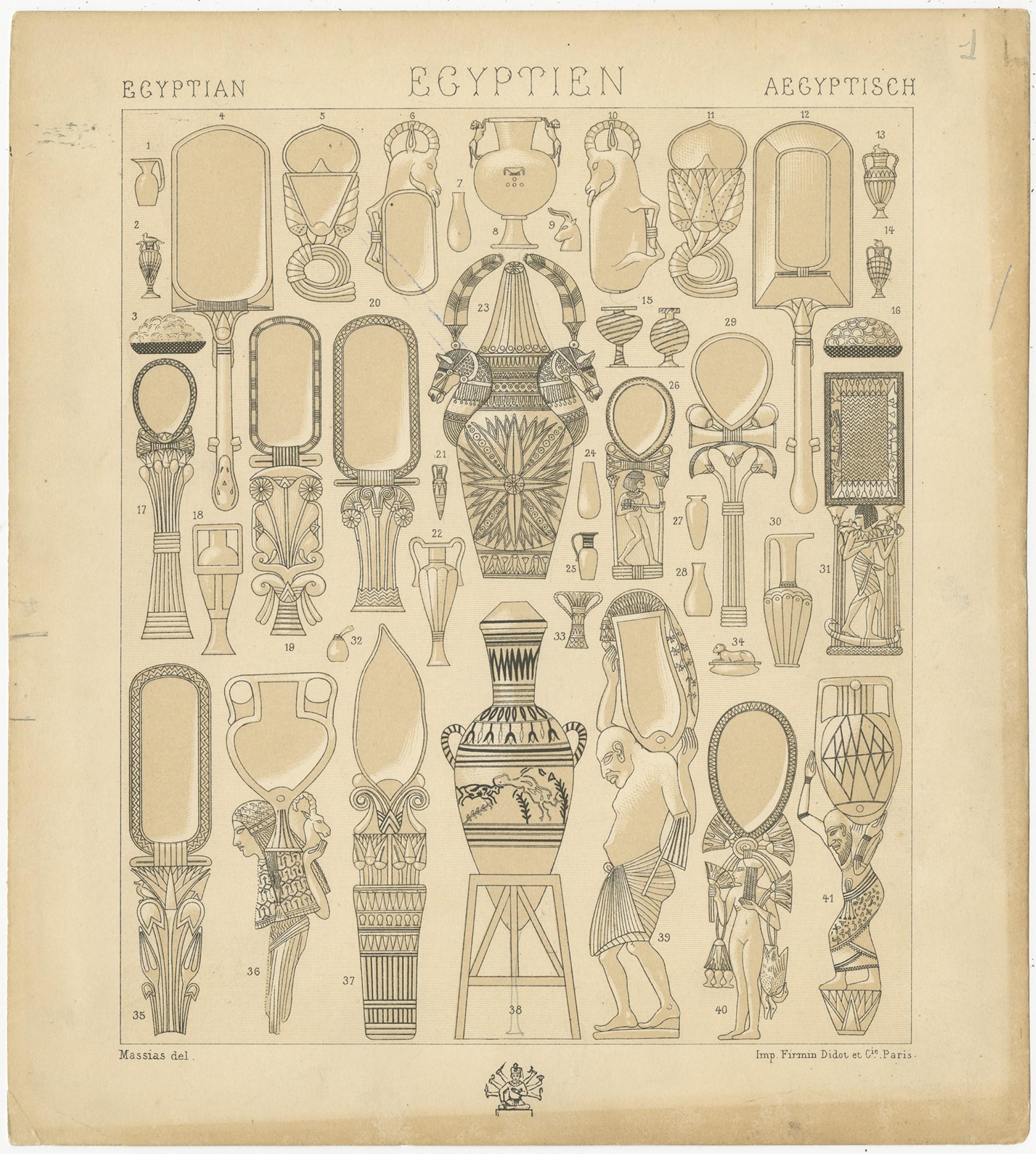 Antique print titled 'Egyptian - Egyptien - Aegyptisch'. Chromolithograph of Egyptian Decorative Objects. This print originates from 'Le Costume Historique' by M.A. Racinet. Published, circa 1880.
 
 