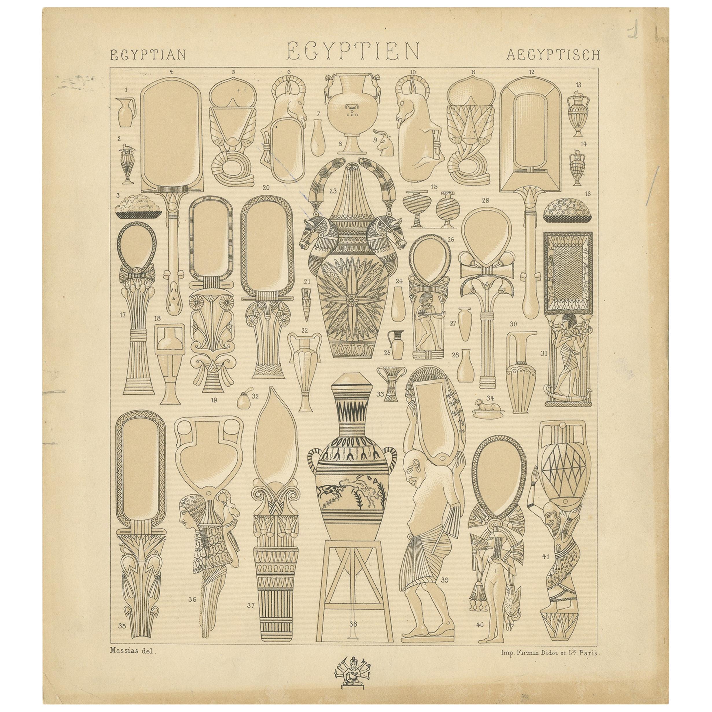 Pl. 1 Antiker Druck von ägyptischen dekorativen Objekten von Racinet, 'circa 1880'. im Angebot