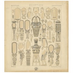 Pl. 1 Grabado antiguo de objetos decorativos egipcios de Racinet, "circa 1880