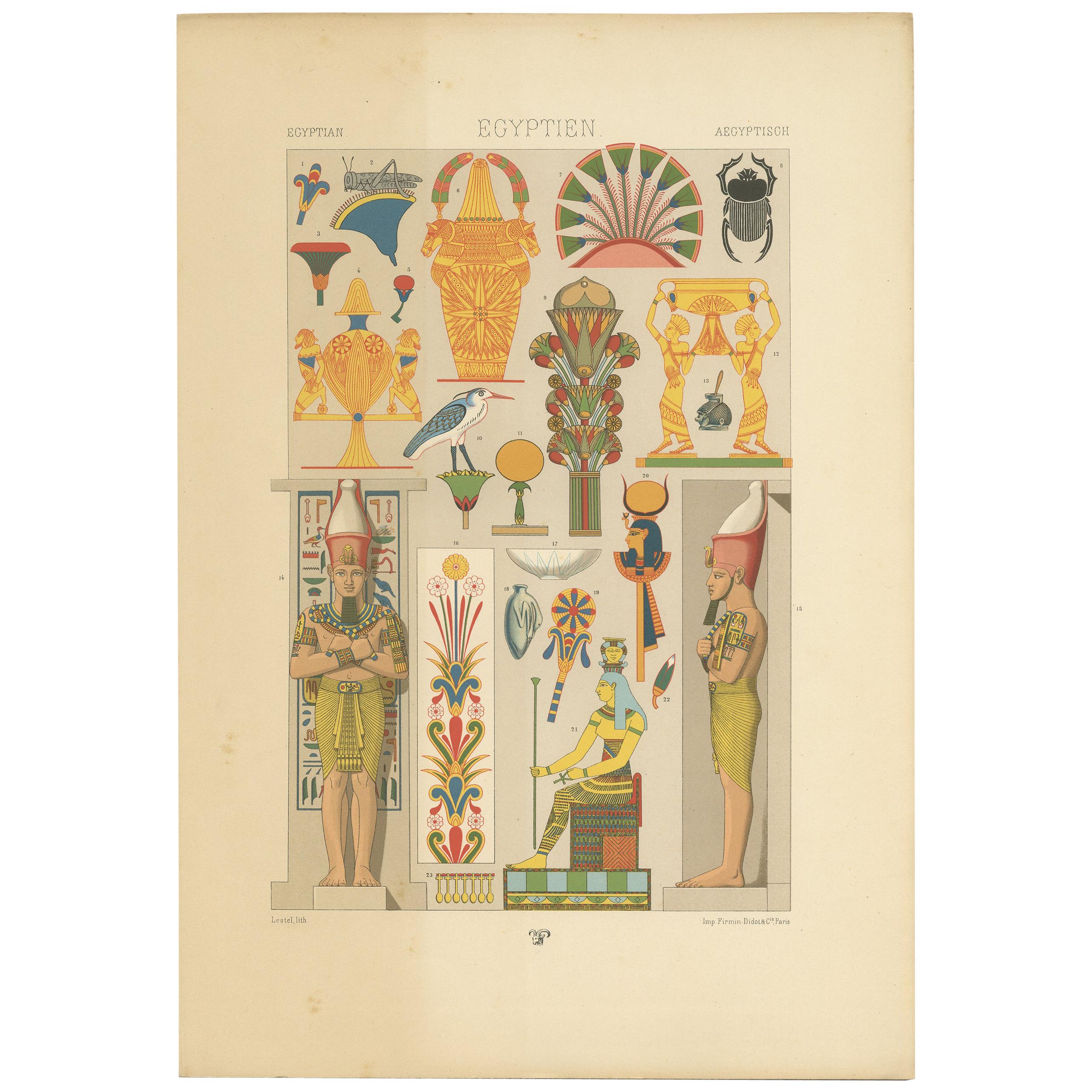 Pl. 1 Antique Print of Egyptian Motifs from Murals and Reliefs by Racinet For Sale