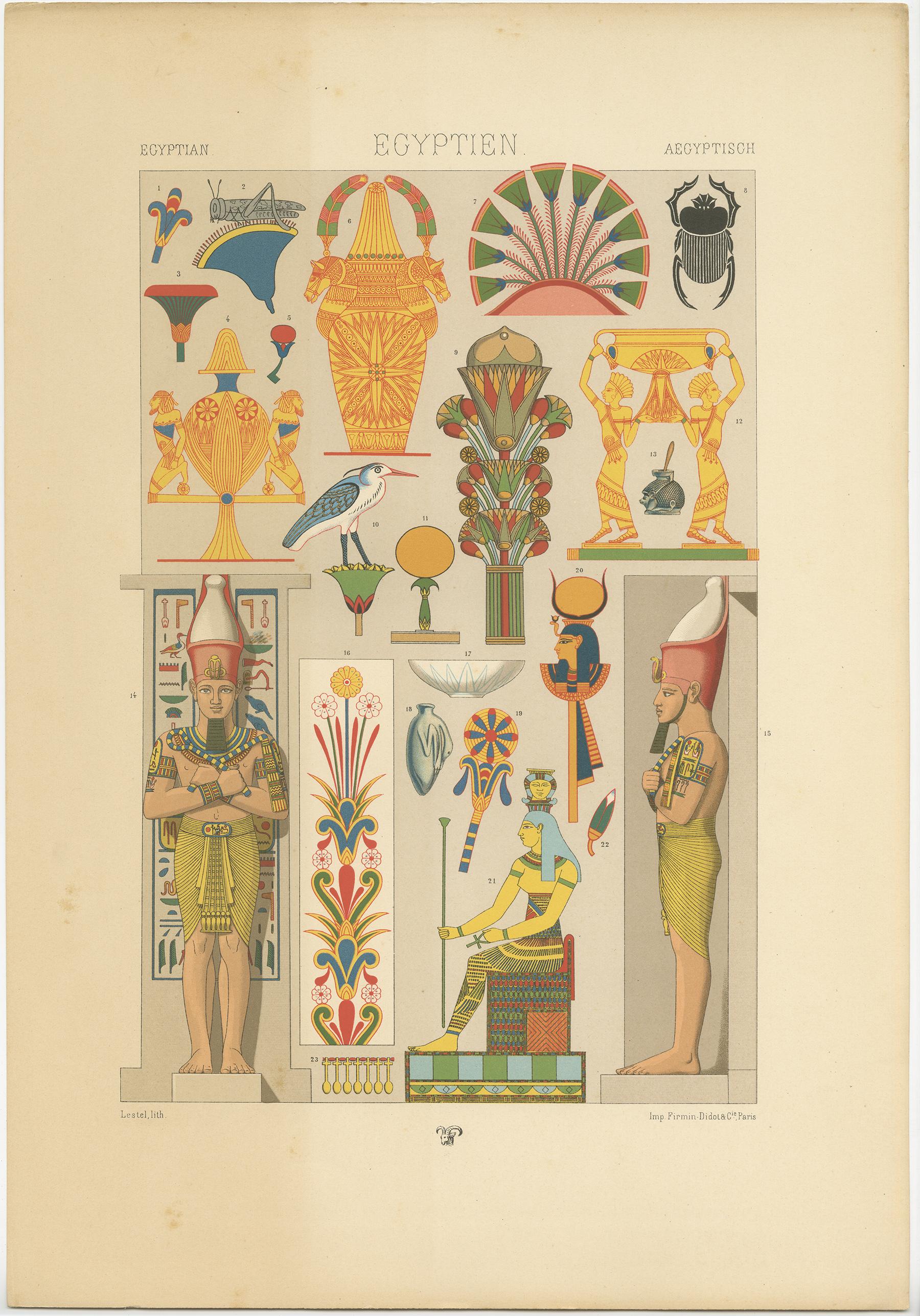 Antique print titled 'Egyptian - Egyptien - Aegyptisch'. Chromolithograph of Egyptian motifs from murals and reliefs and various objects ornaments. This print originates from 'l'Ornement Polychrome' by Auguste Racinet. Published circa 1890.