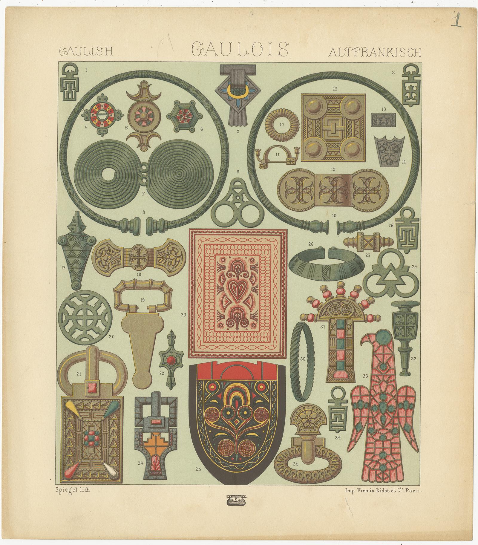 Antique print titled 'Gaulish - Gaulois - Altfrankisch'. Chromolithograph of French decorative objects. This print originates from 'Le Costume Historique' by M.A. Racinet. Published circa 1880.