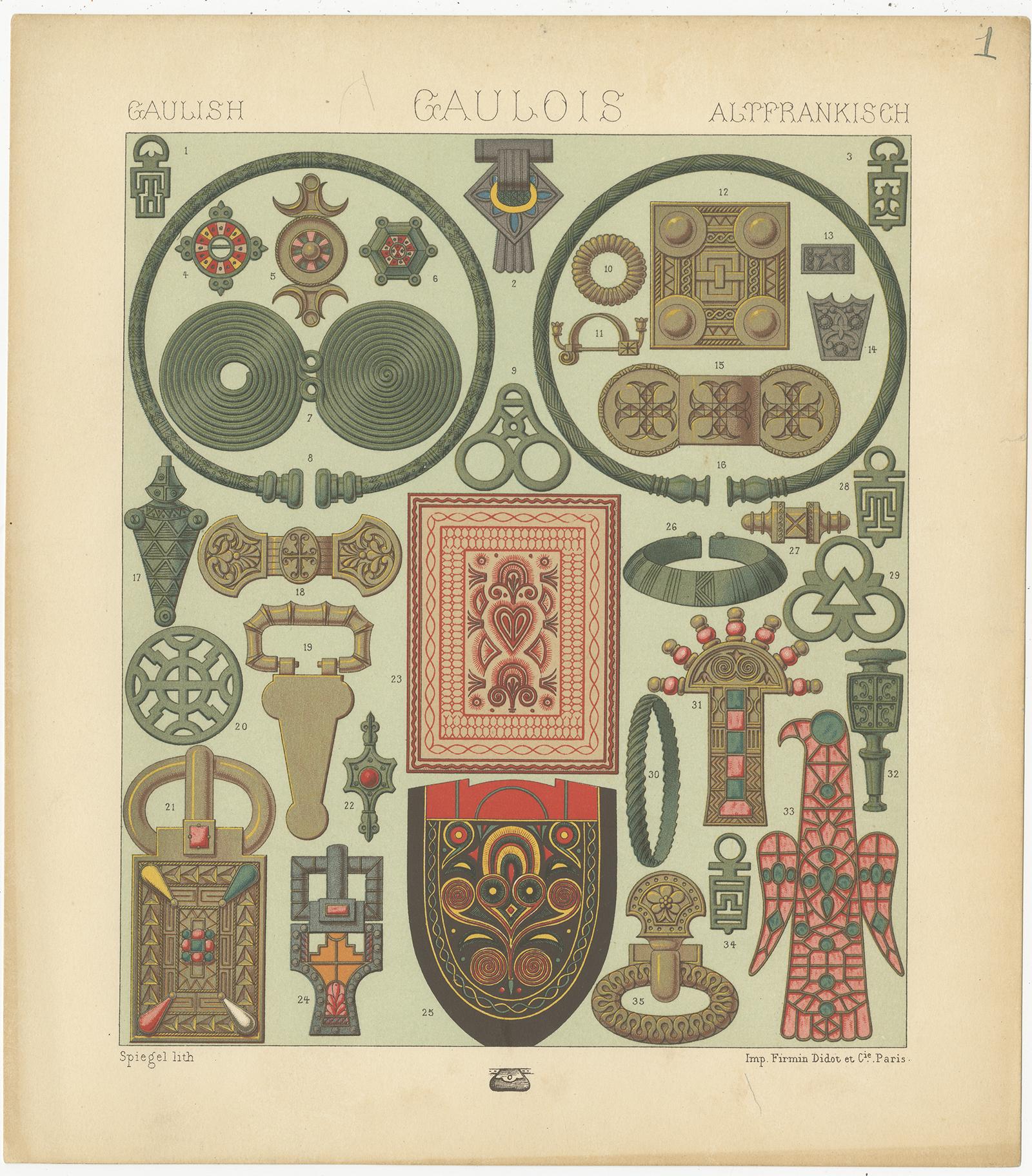 Impression ancienne d'objets décoratifs français par Racinet, pl. 1, circa 1880 Bon état - En vente à Langweer, NL