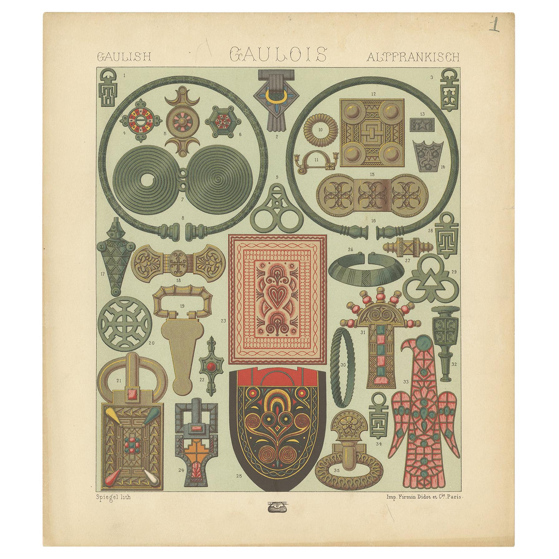 Pl. 1 Antique Print of French Decorative Objects by Racinet 'circa 1880' For Sale