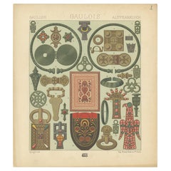 Impression ancienne d'objets décoratifs français par Racinet, pl. 1, circa 1880