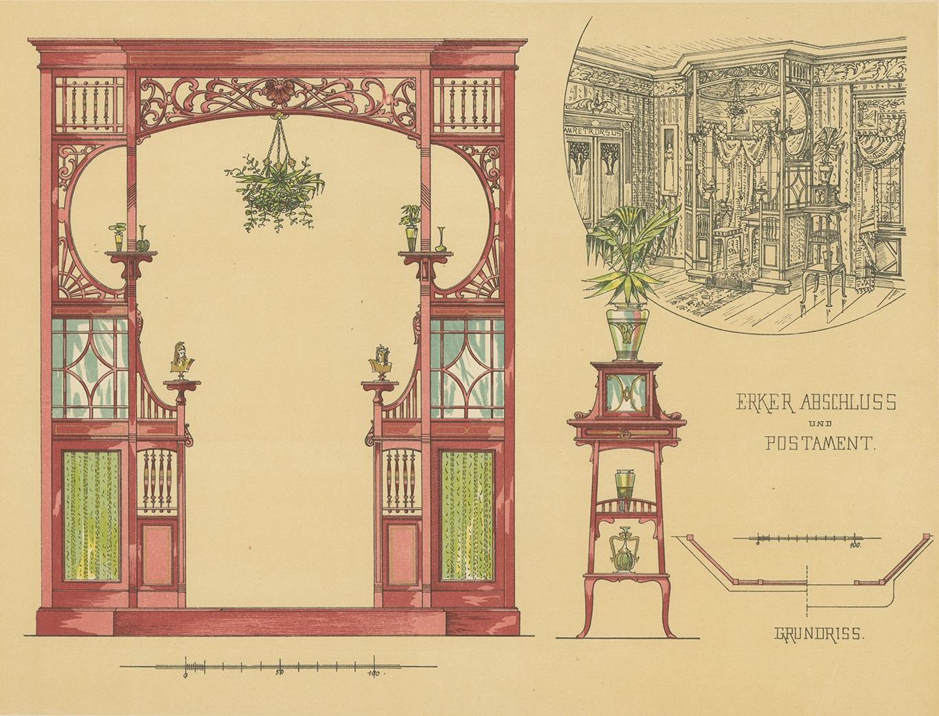 Pl. 10 Antique Print of a Bay Window by Kramer 'circa 1910' In Good Condition For Sale In Langweer, NL