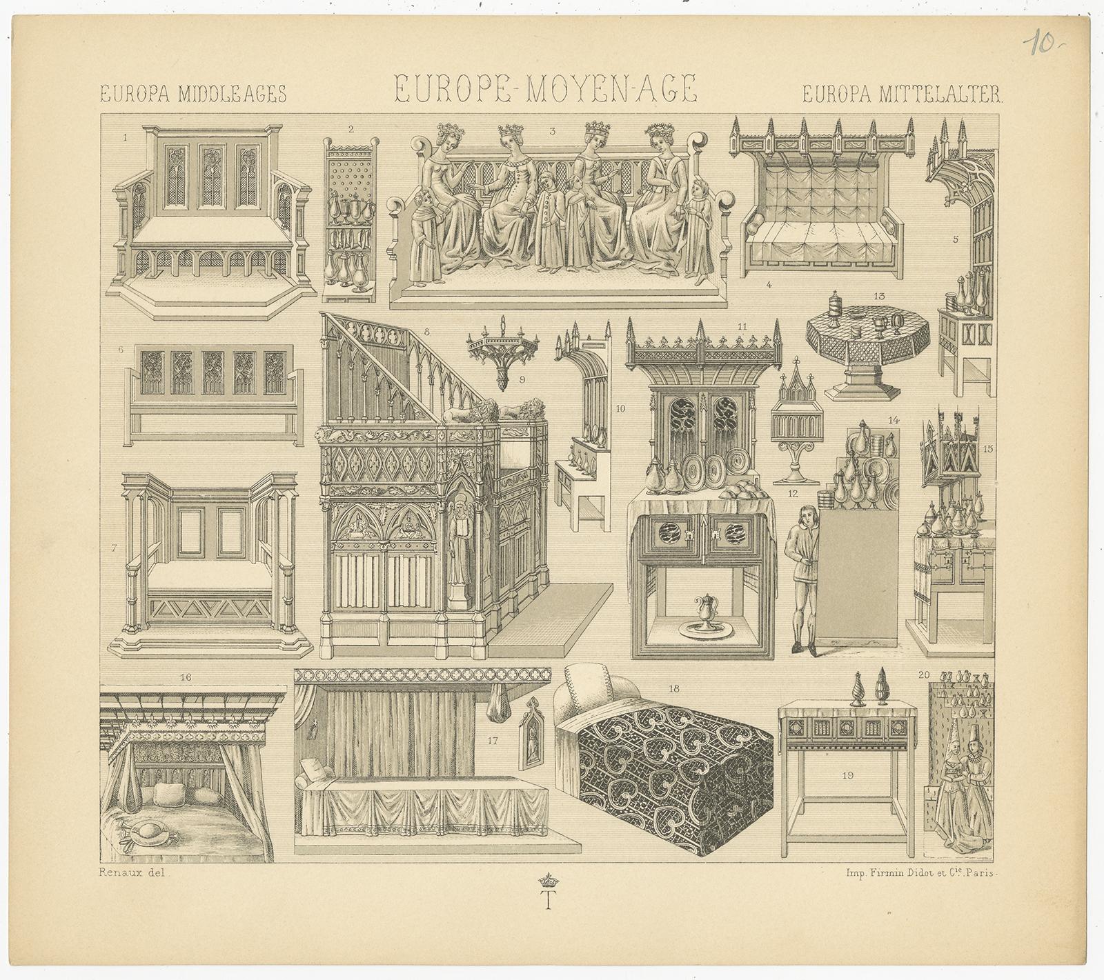 Antique print titled 'Europa Middle Ages - Europe Moyen Age - Europa Mittelalter'. Chromolithograph of European Middle Ages Furniture. This print originates from 'Le Costume Historique' by M.A. Racinet. Published, circa 1880.