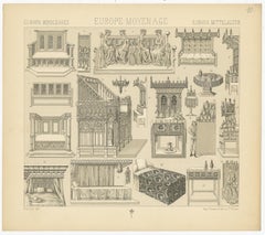 Pl. 10 Antiker Druck von europäischen Möbeln aus dem Mittelalter von Racinet, um 1880