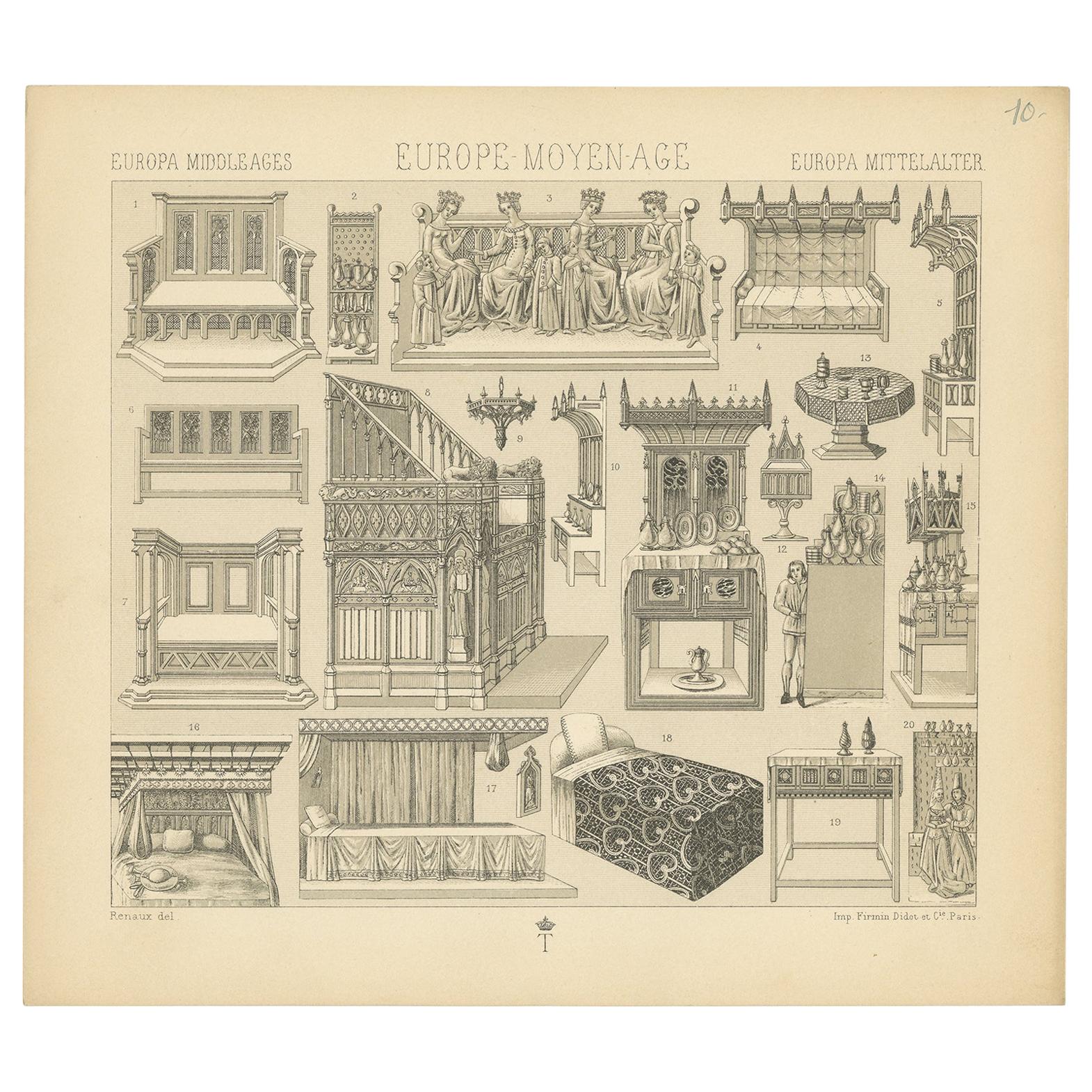Pl. 10 Antique Print of European Middle Ages Furniture by Racinet, circa 1880 For Sale