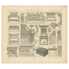 Pl. 10 Antiker Druck von europäischen Möbeln aus dem Mittelalter von Racinet, um 1880