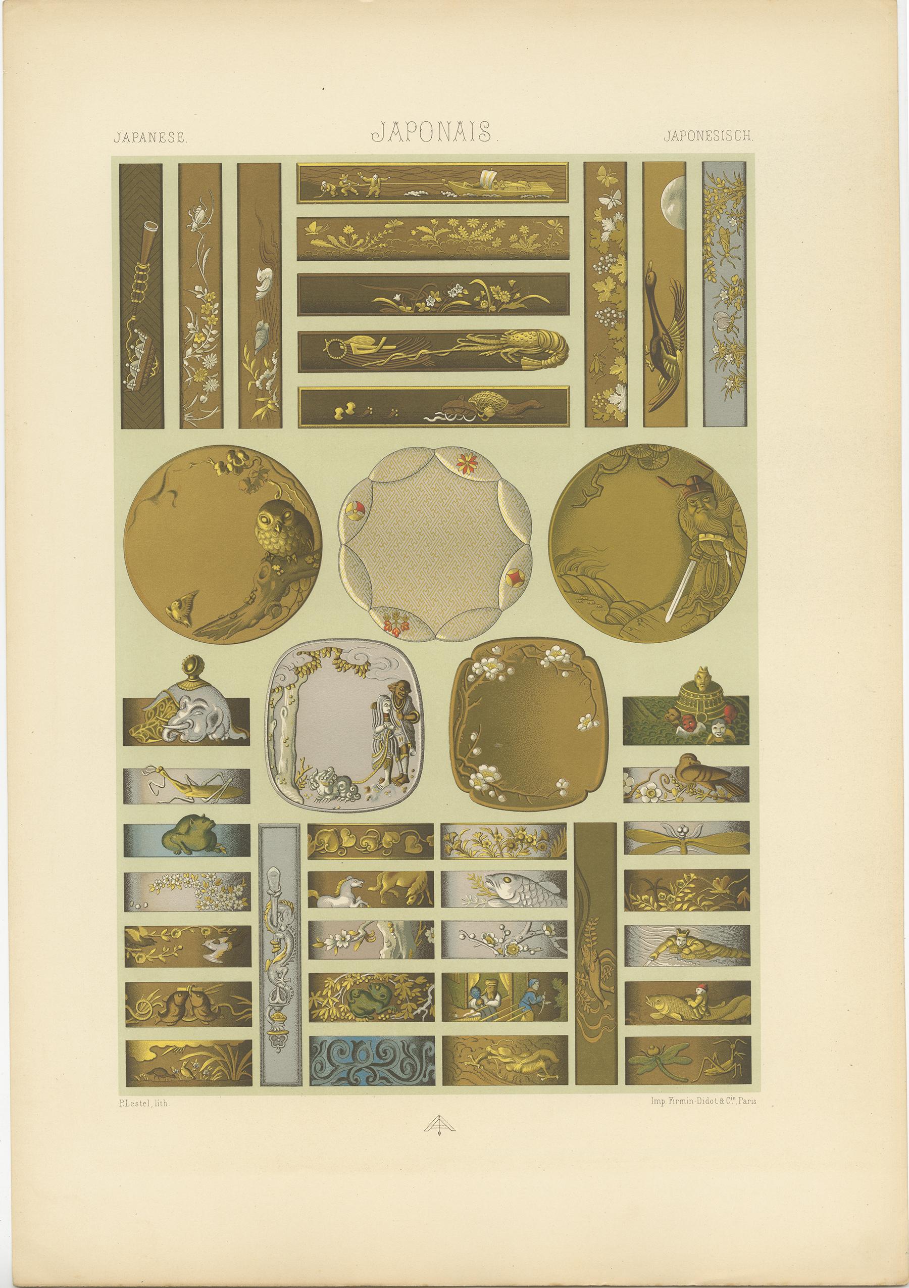 Antique print titled 'Japanese - Japonais - Japonesisch'. Chromolithograph of Japanese sword and knife guards and handles metal ornaments. This print originates from 'l'Ornement Polychrome' by Auguste Racinet. Published, circa 1890.