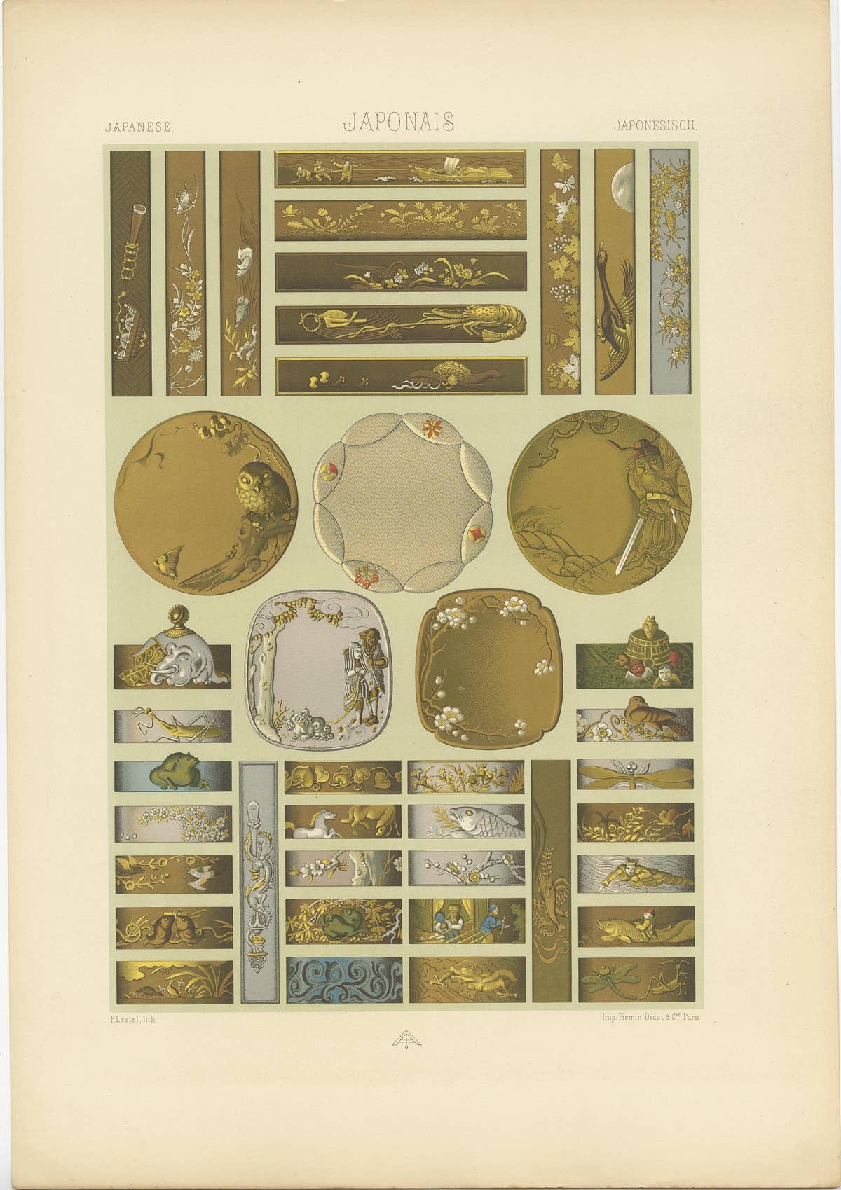 Pl. 10 Antique Print of Japanese Sword & Knife and Handles, Racinet, circa 1890