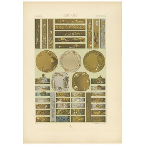 Pl. 10 Antique Print of Japanese Sword & Knife and Handles, Racinet, circa 1890