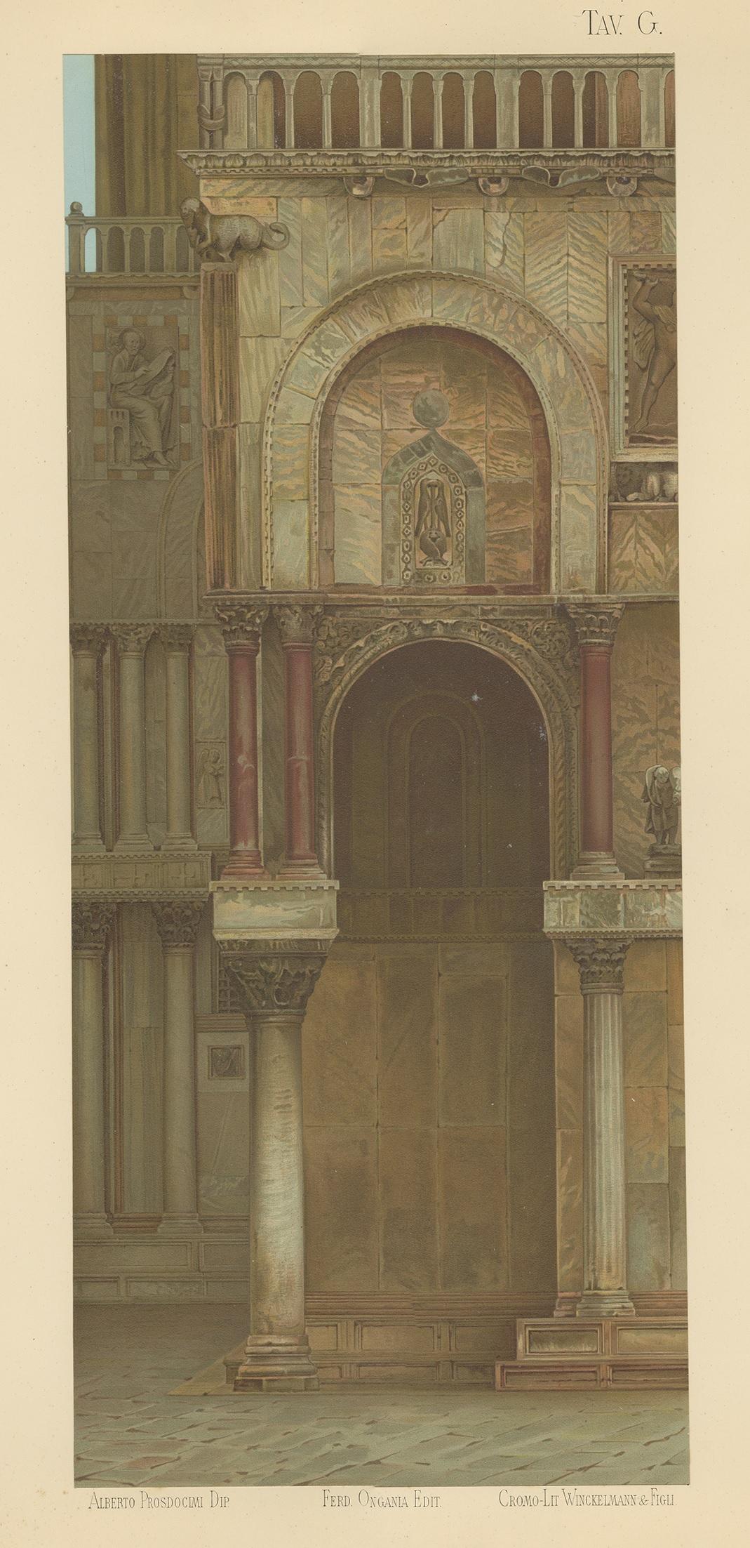 Large chromolithograph of part of the main facade of the Basilica of San Marco (corner towards the clock, north side), Venice, Italy. This print originates from 'Basilica di San MarCo in Venezia' by Ferdinando Ongania. Published 1881.