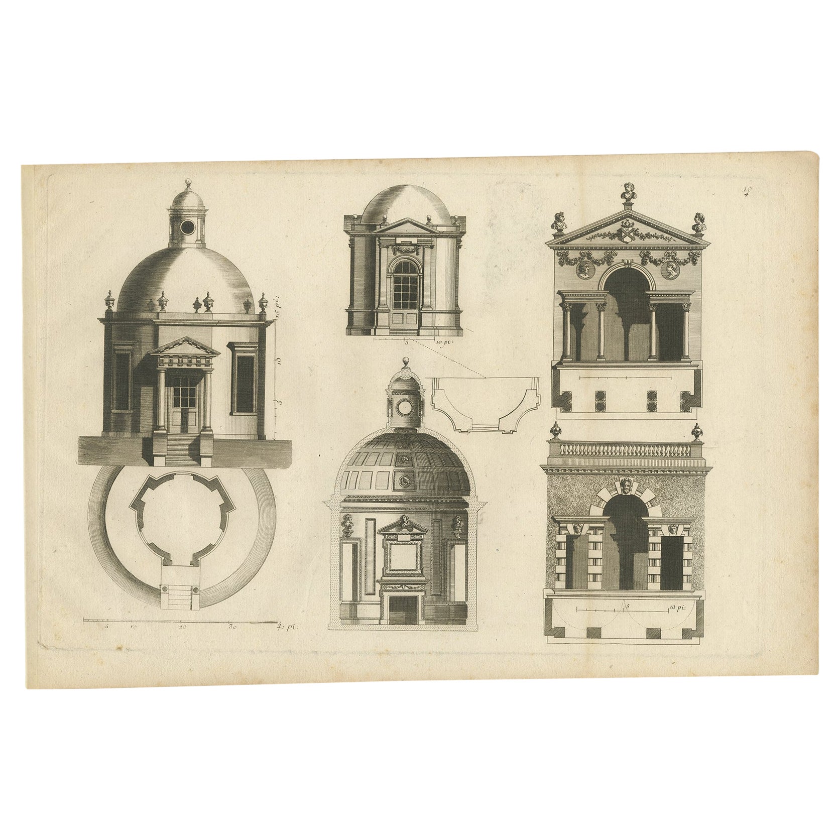 Impression ancienne de divers temples de jardin par Le Rouge, Pl. 10, vers 1785