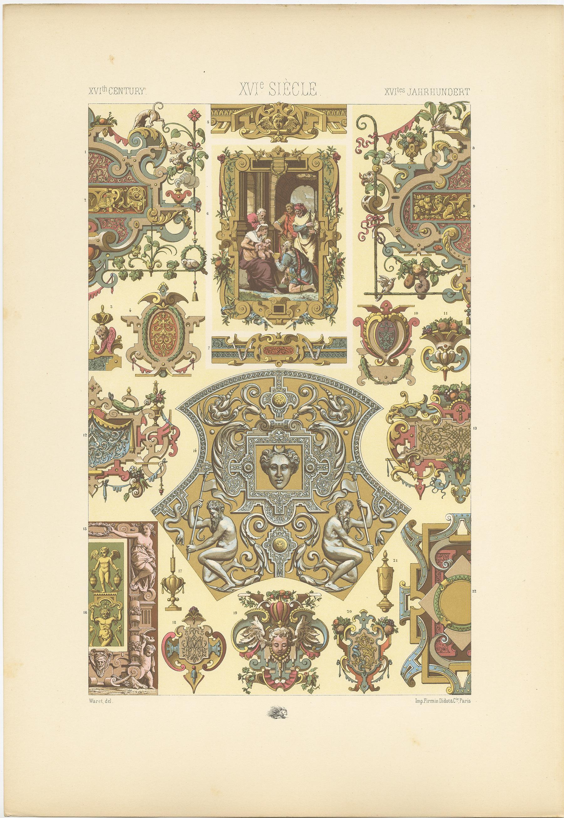 Grabado antiguo titulado 'XVIc Siècle - XVILes Jahrhundert'. Cromolitografía de marcos y ornamentos basados en carpintería,ornamentos del siglo XVI. Este grabado procede de 